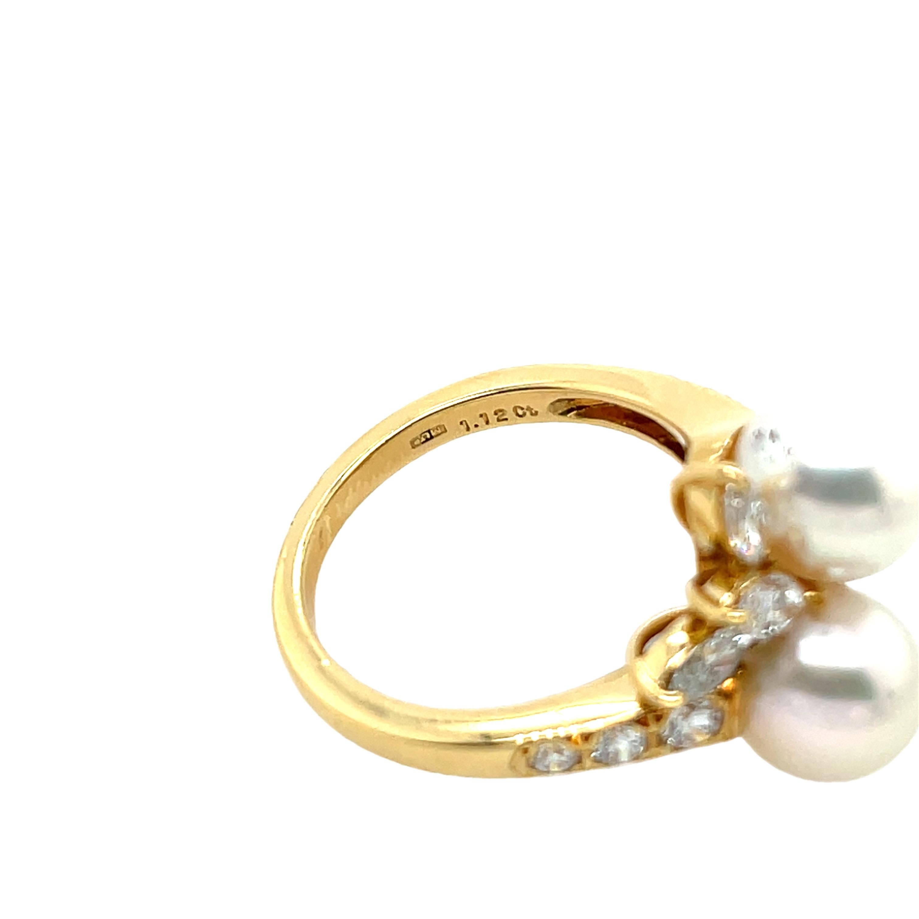 Mikimoto 2 Pearl & Diamond Ring Set In 18ct Yellow Gold In Excellent Condition In London, GB