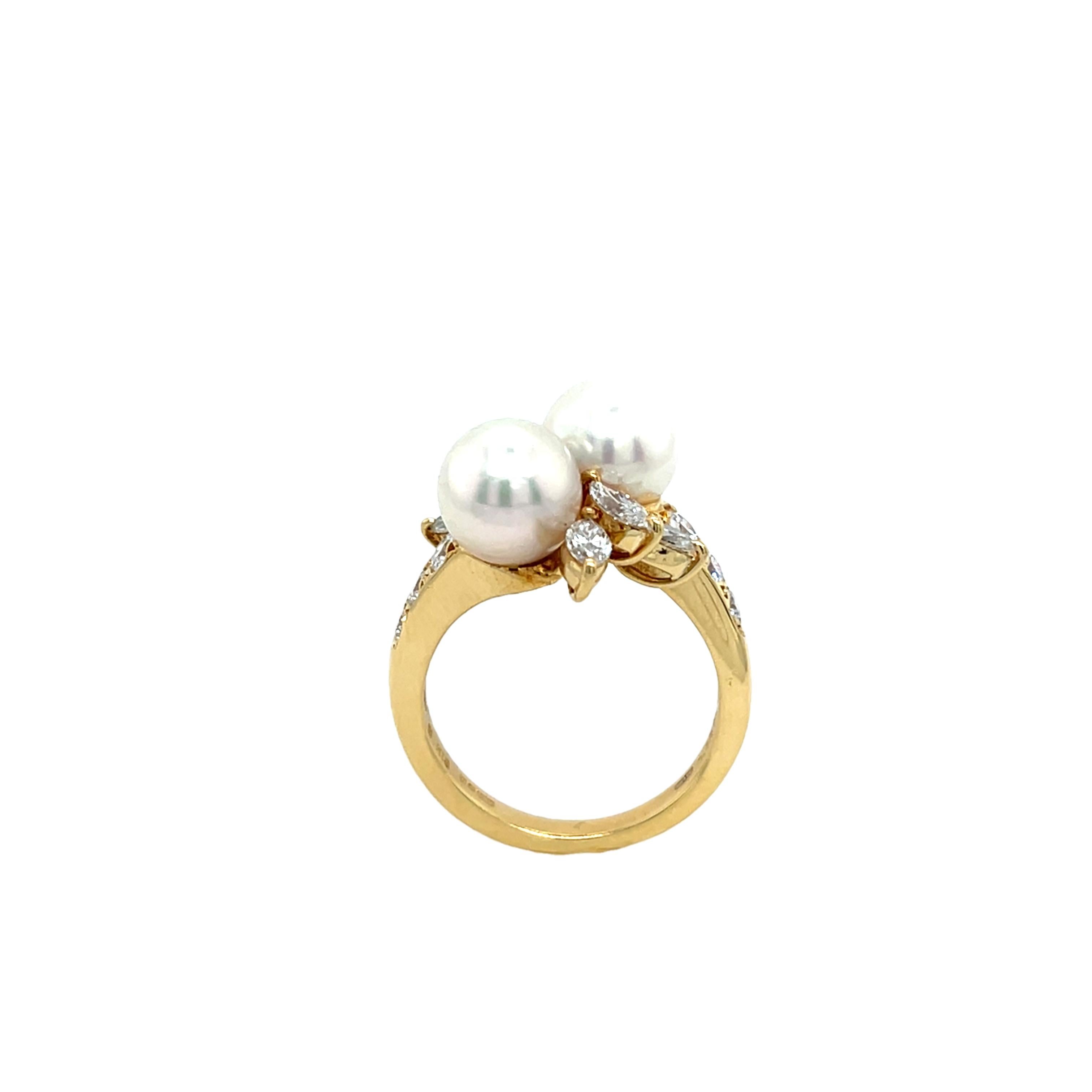 Women's Mikimoto 2 Pearl & Diamond Ring Set In 18ct Yellow Gold