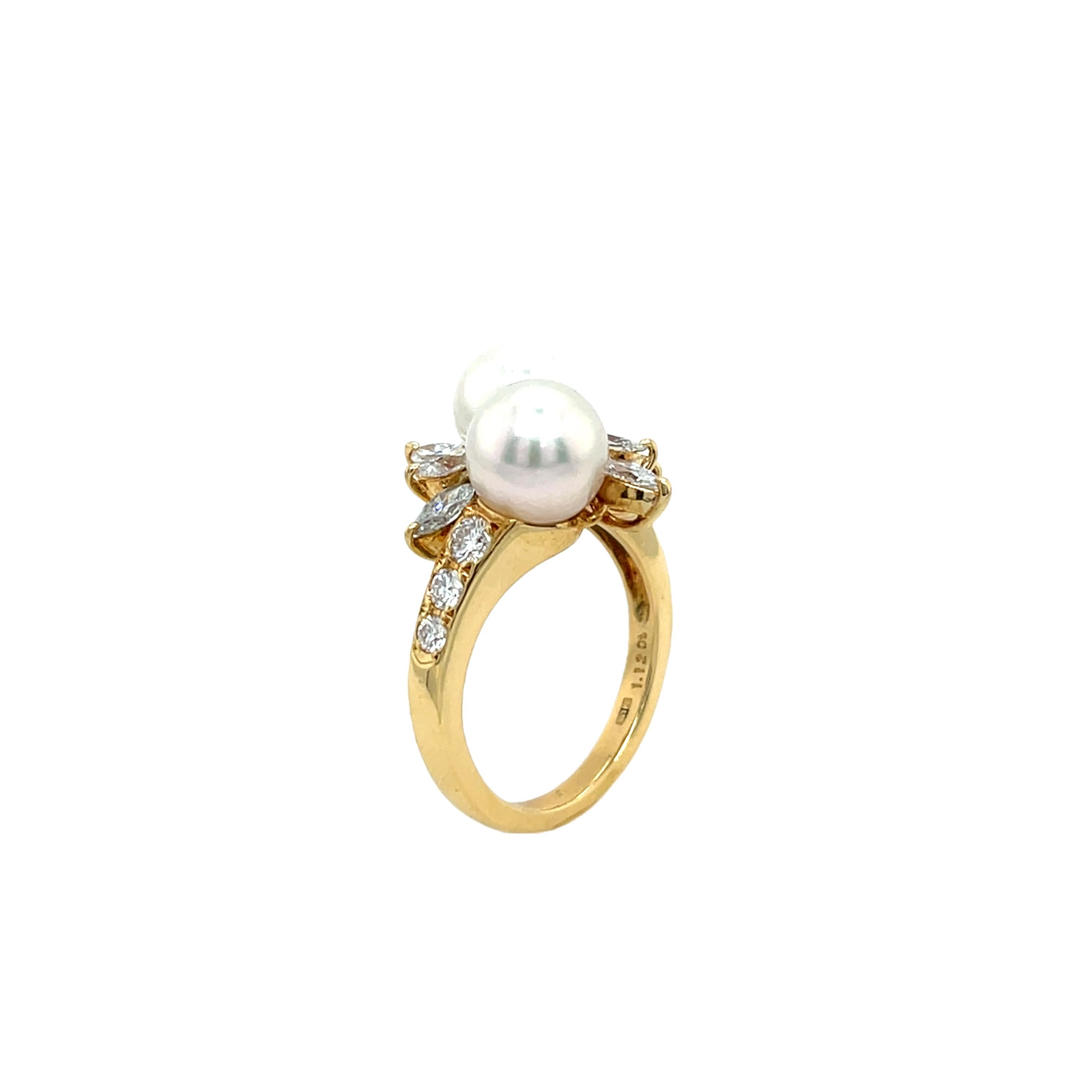 Mikimoto 2 Pearl & Diamond Ring Set In 18ct Yellow Gold 1
