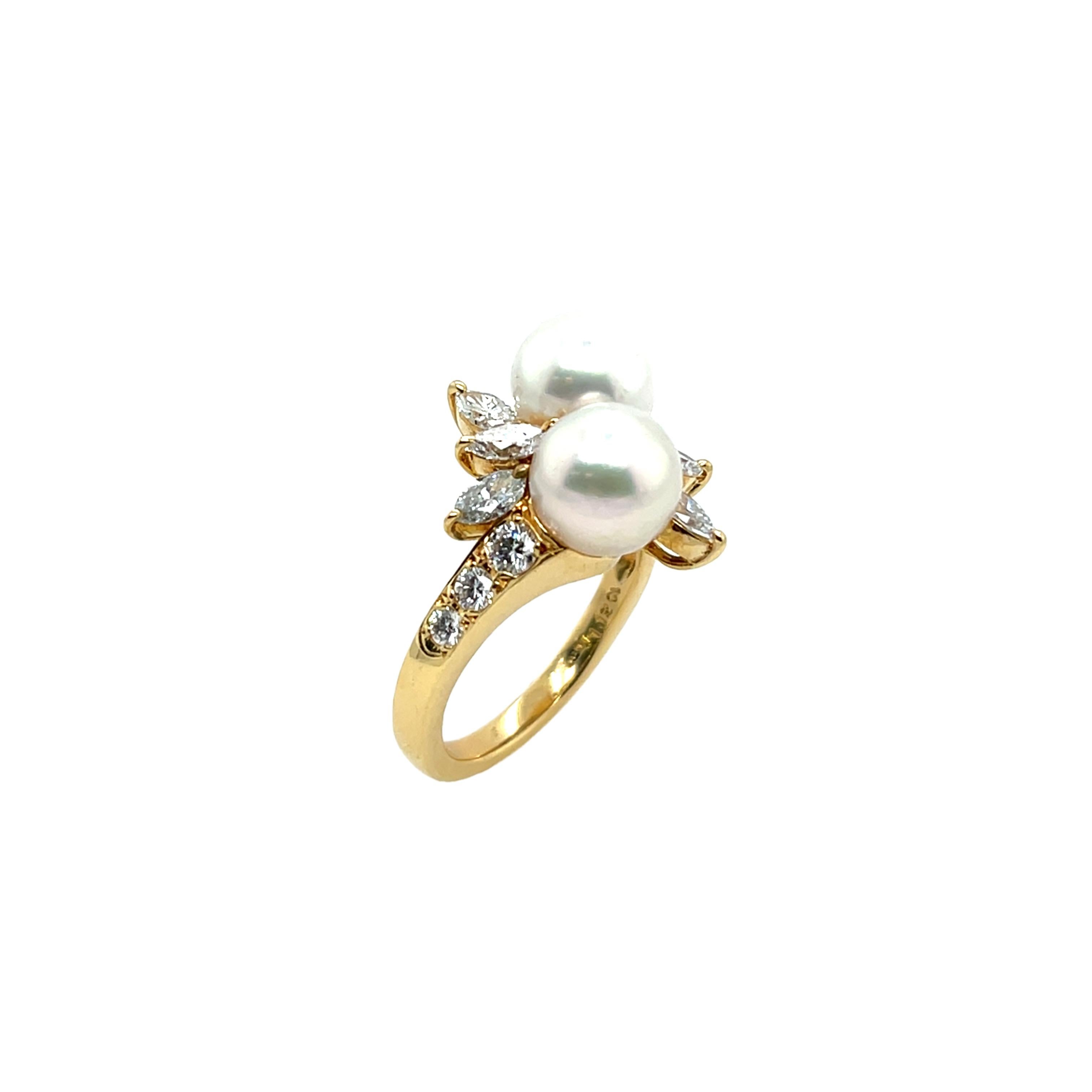 Mikimoto 2 Pearl & Diamond Ring Set In 18ct Yellow Gold 2