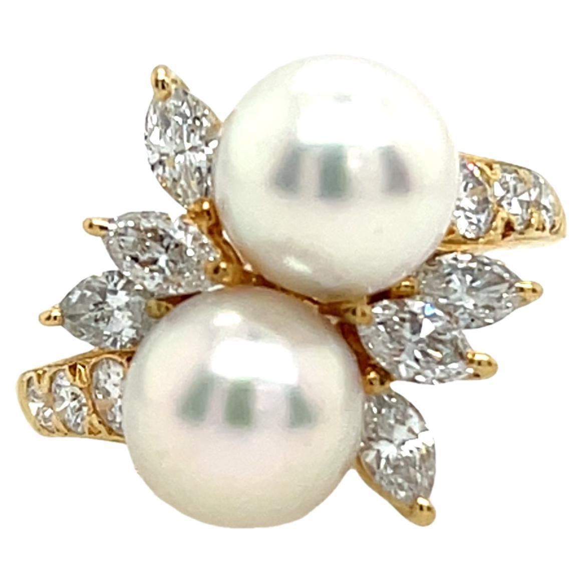 Mikimoto 2 Pearl & Diamond Ring Set In 18ct Yellow Gold