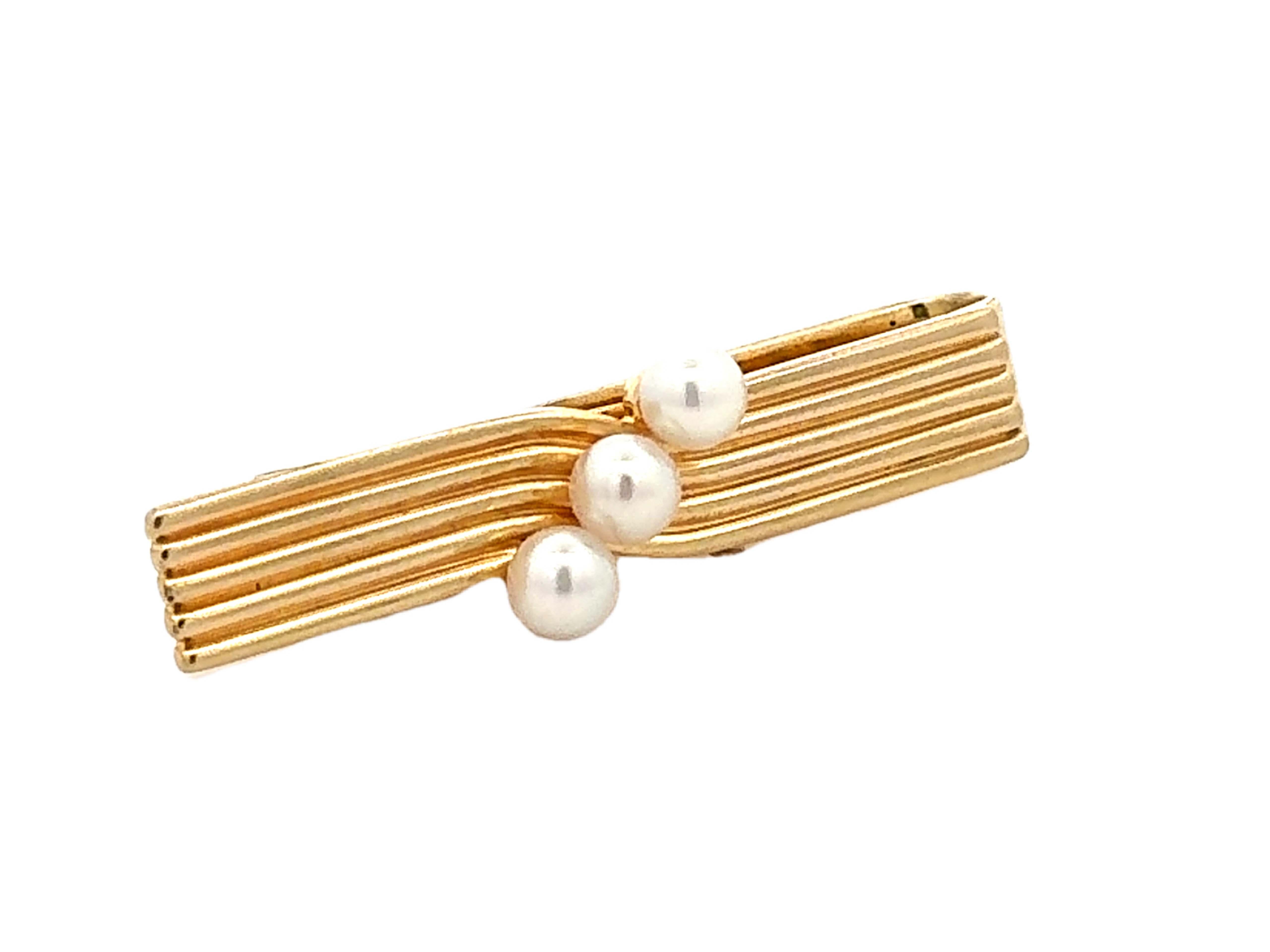 Mikimoto 14k Gelbgold Perlen-Krawattenclip mit 3 Perlen im Angebot 3