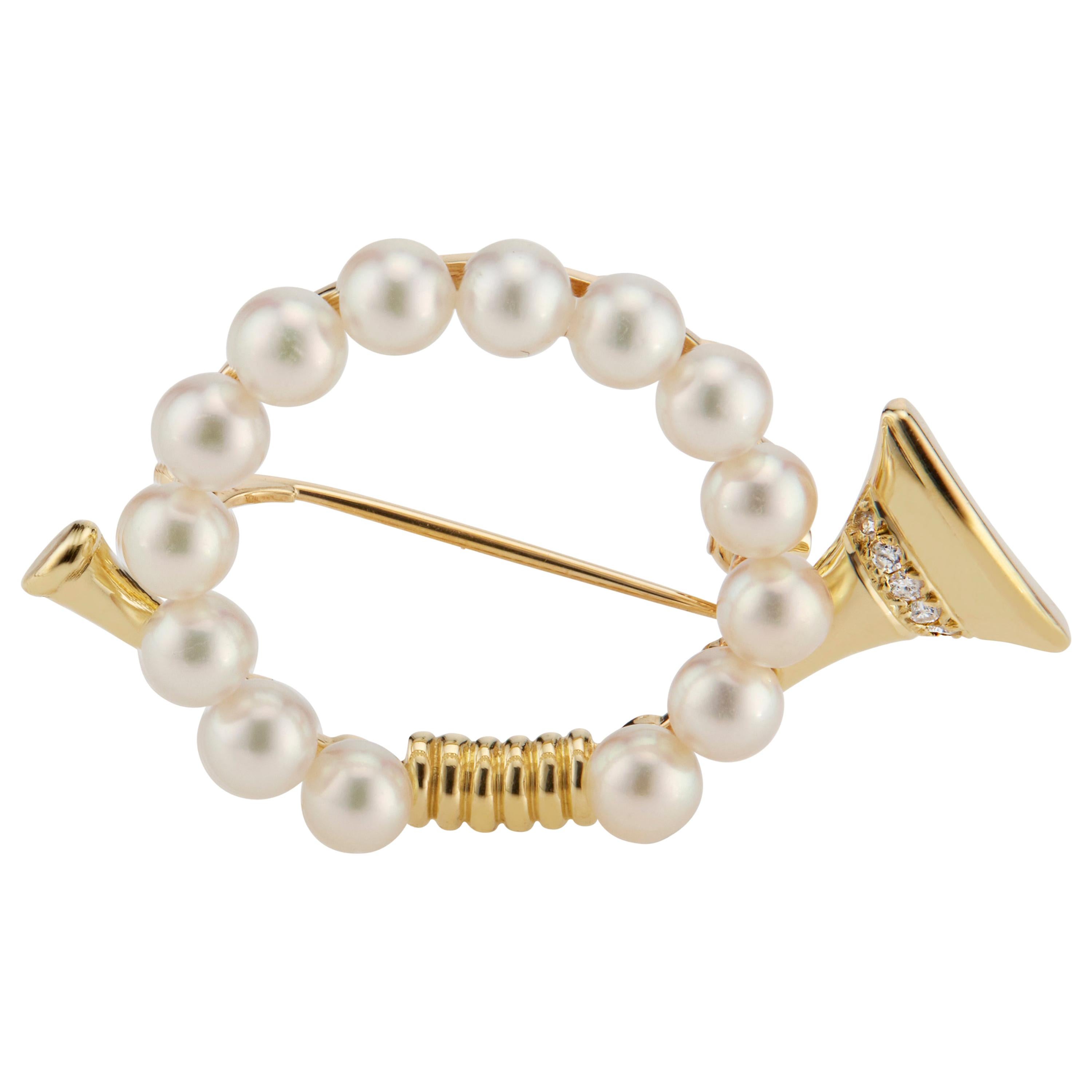 Mikimoto .5 Carat Diamond Pearl Yellow Gold French Horn Brooch For Sale
