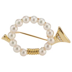 Mikimoto .5 Carat Diamond Pearl Yellow Gold French Horn Brooch