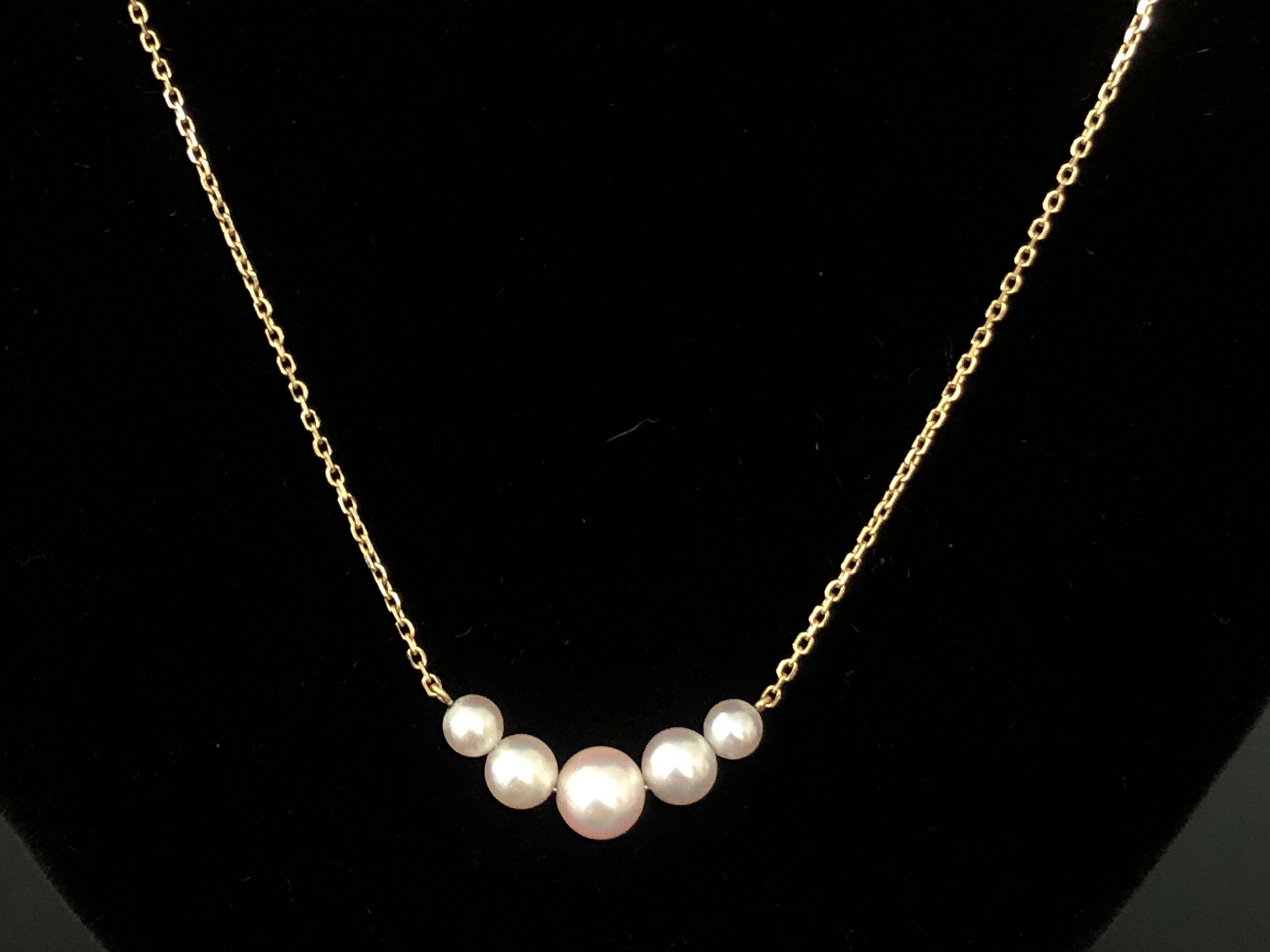 Modern Mikimoto 5 Pearl Necklace in 14k Yellow Gold