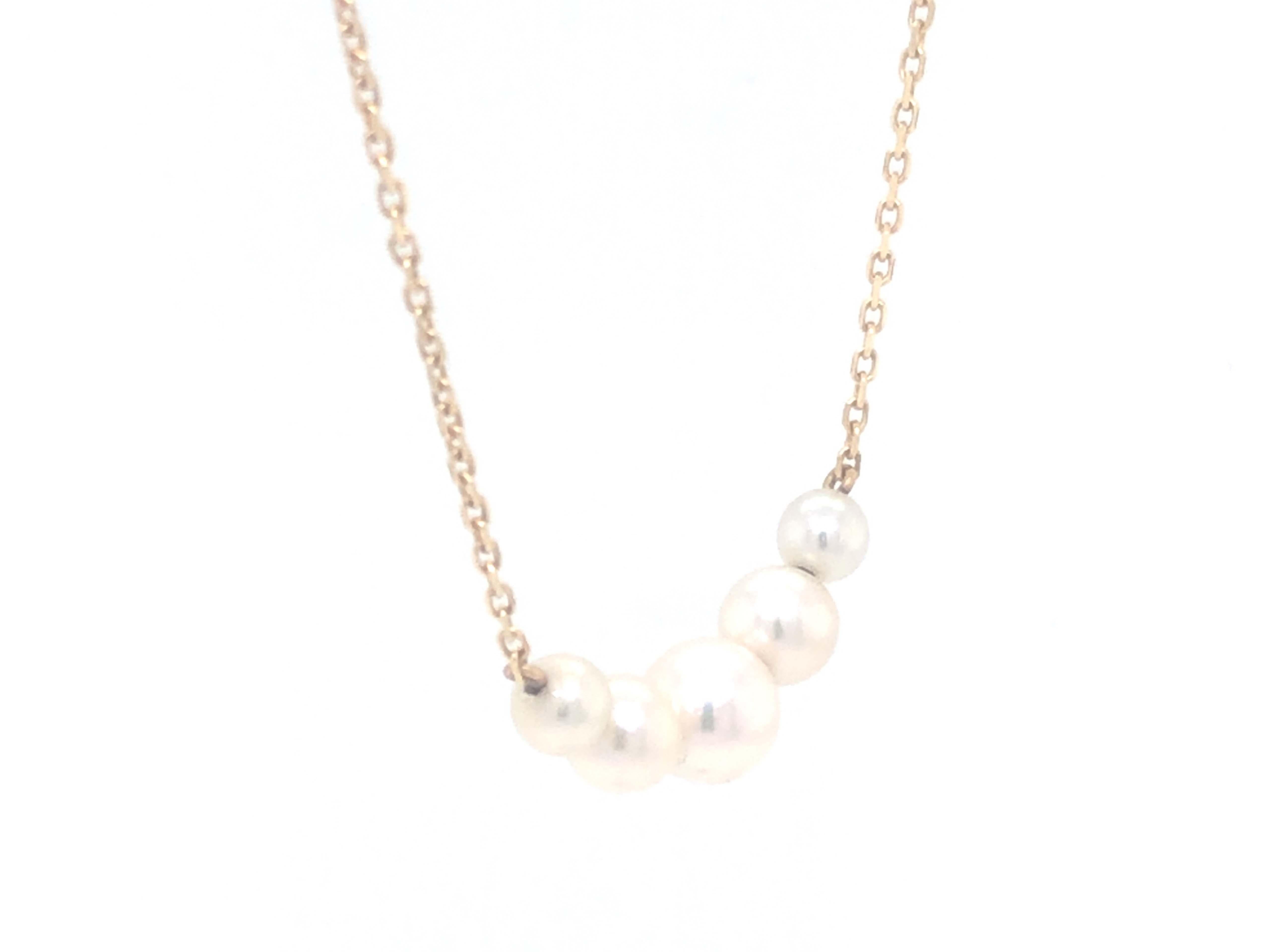 Round Cut Mikimoto 5 Pearl Necklace in 14k Yellow Gold