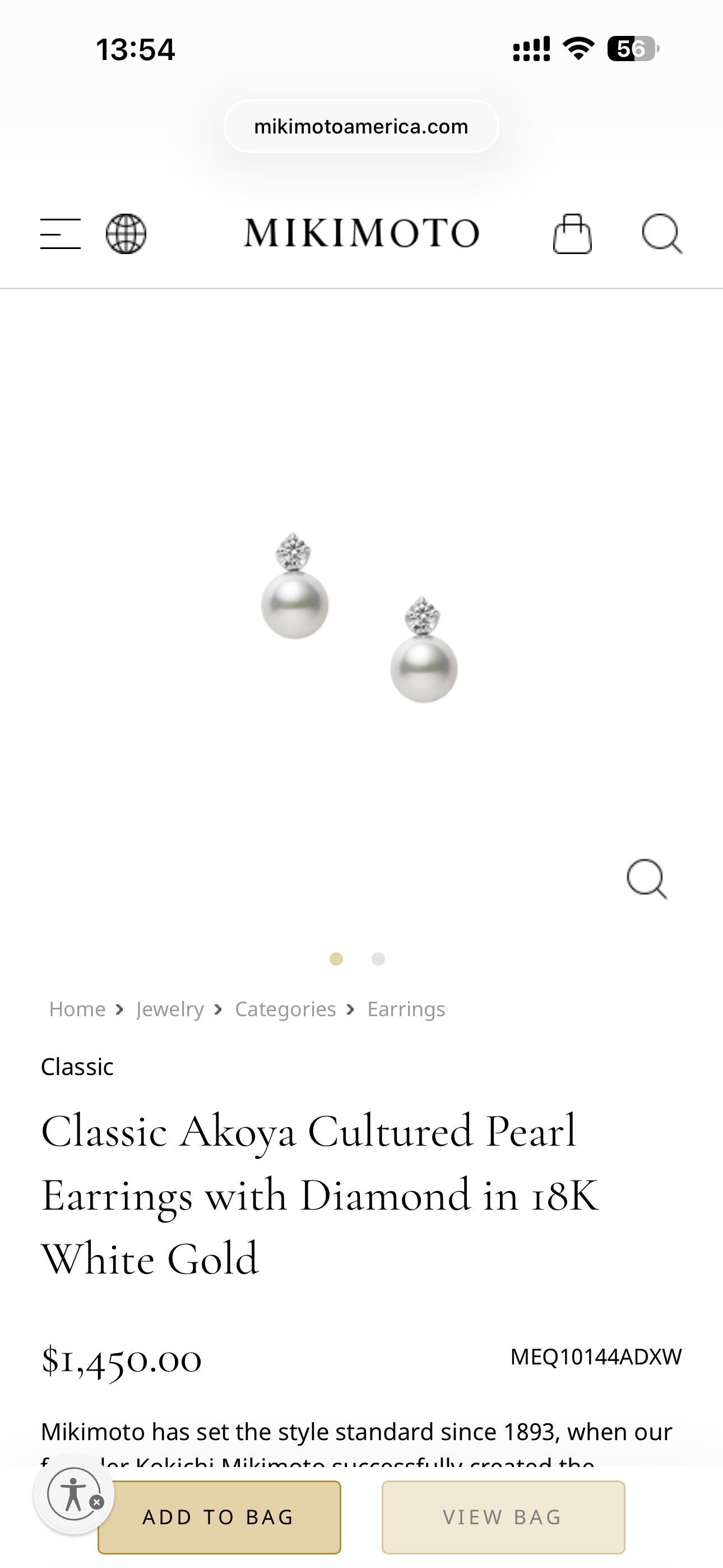 Mikimoto 5.4 mm Akoya Pearl & Diamond Post Earrings 18k White Gold For Sale 4
