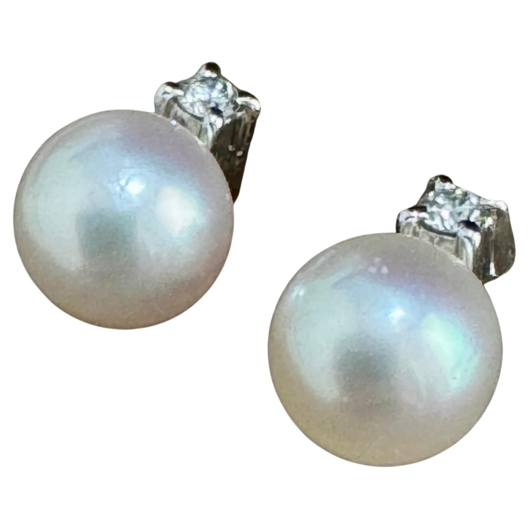 Mikimoto 5.4 mm Akoya Pearl 
Diamond Post Earrings 18k White Gold For Sale