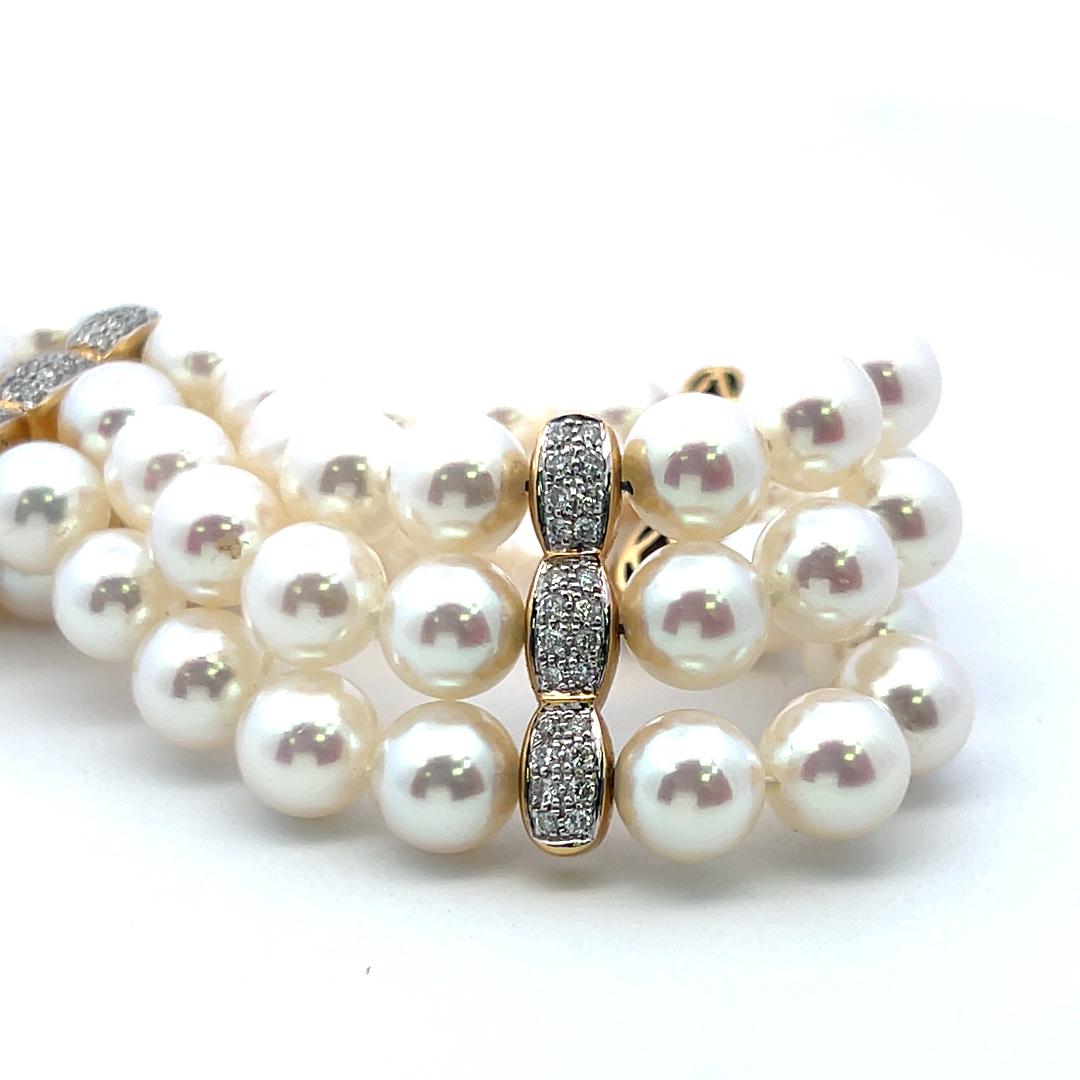 Mikimoto 6.5-6.9MM Pearl 0.68 Carat Round Brilliant Diamond 18K YG Bead Bracelet For Sale 6