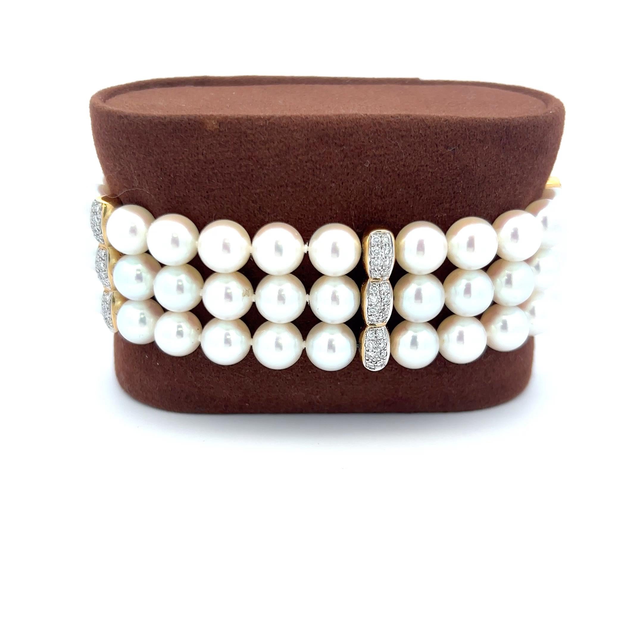 Women's Mikimoto 6.5-6.9MM Pearl 0.68 Carat Round Brilliant Diamond 18K YG Bead Bracelet For Sale