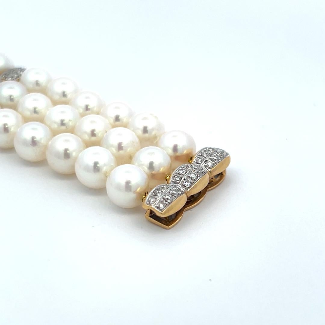 Mikimoto 6.5-6.9MM Pearl 0.68 Carat Round Brilliant Diamond 18K YG Bead Bracelet For Sale 2
