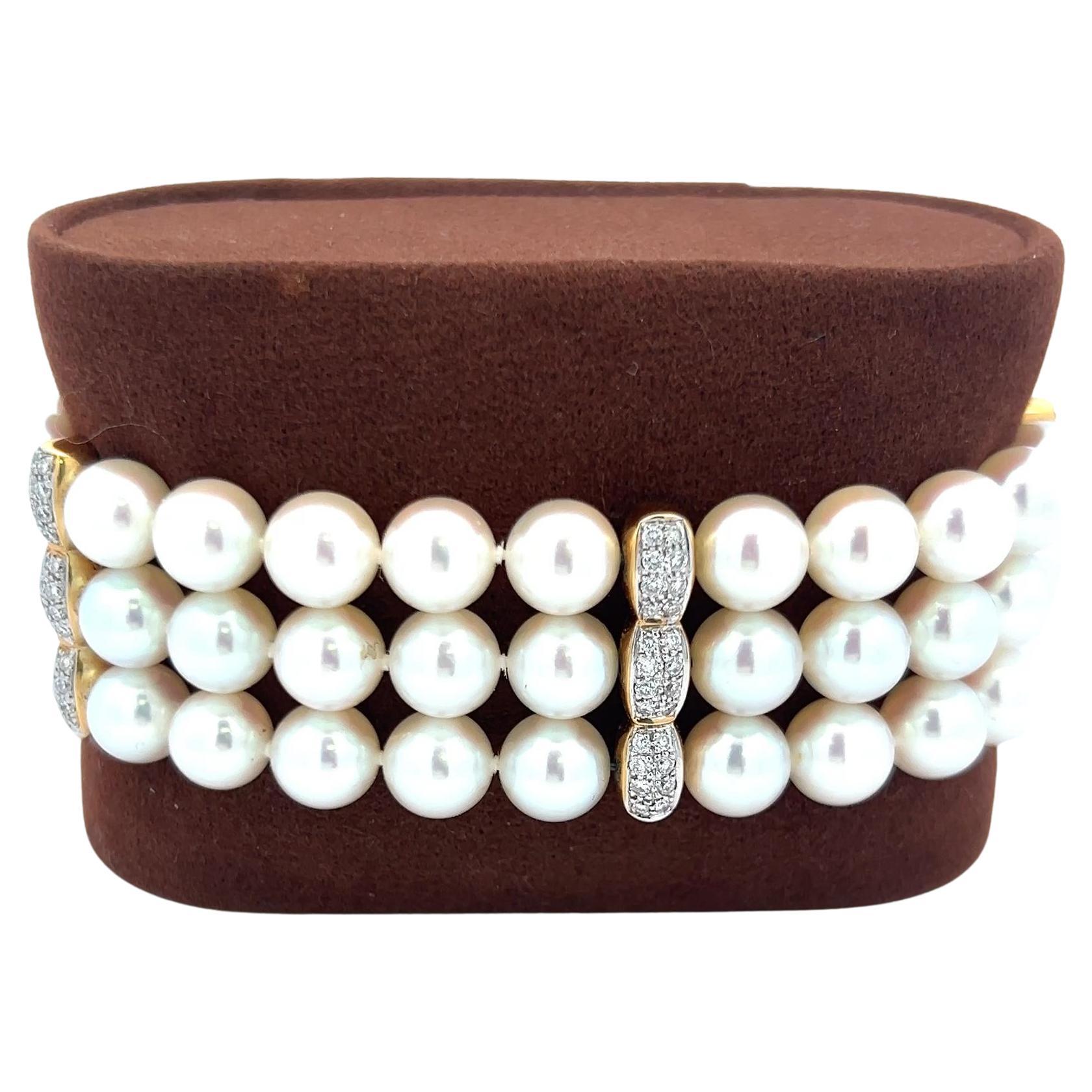 Mikimoto 6.5-6.9MM Pearl 0.68 Carat Round Brilliant Diamond 18K YG Bead Bracelet