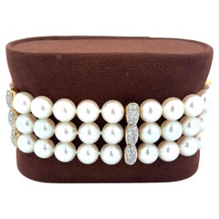 Mikimoto 6.5-6.9MM Pearl 0.68 Carat Round Brilliant Diamond 18K YG Bead Bracelet
