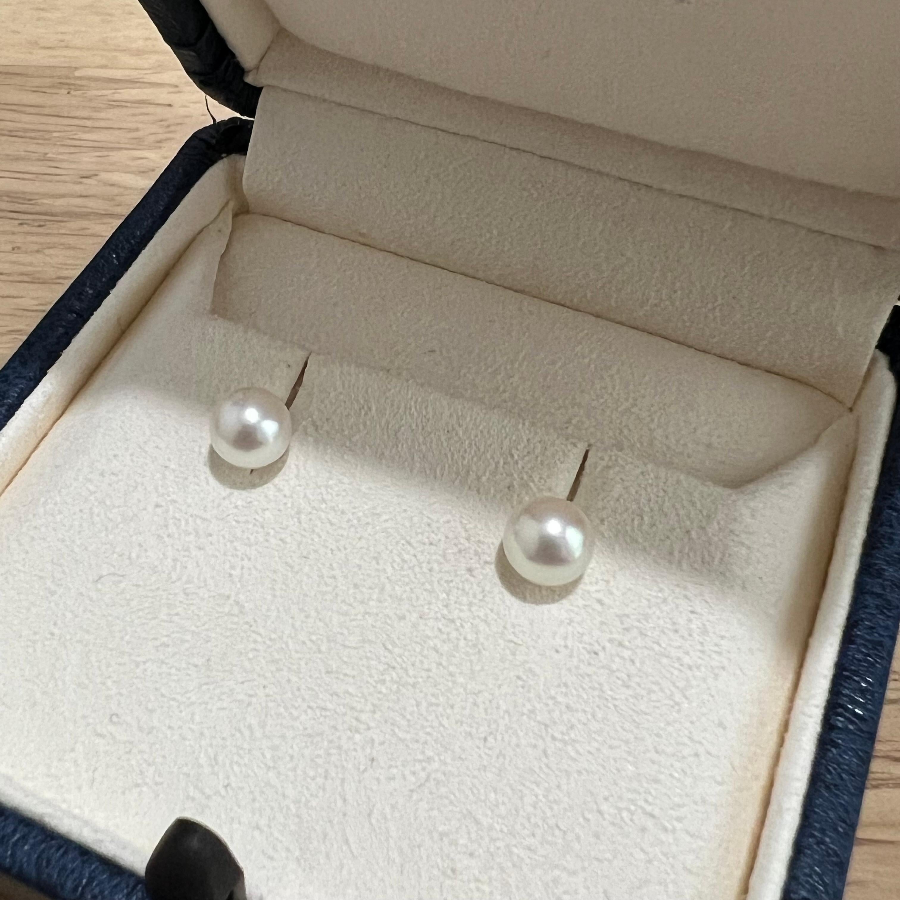 Round Cut Mikimoto 6.5 mm Akoya Pearl Post Earrings 18k White Gold For Sale