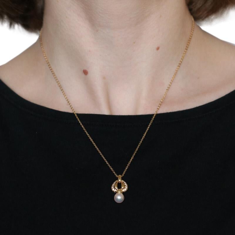 Round Cut Mikimoto Akoya Pearl and Diamond Pendant Necklace, 18 Karat Yellow Gold