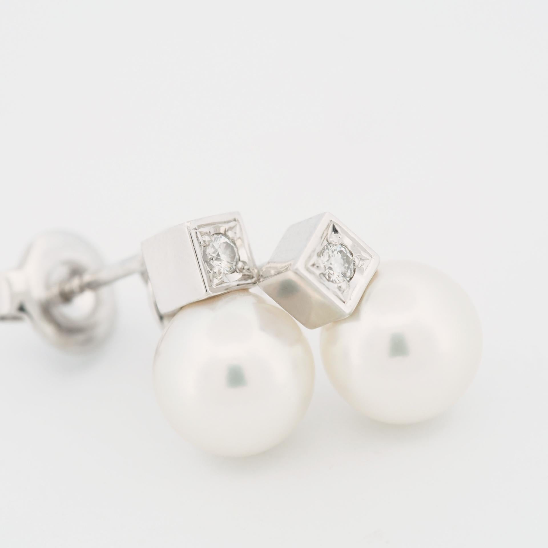 Round Cut Mikimoto 7.25mm Akoya Pearl & Diamond Post Earrings 18k White Gold