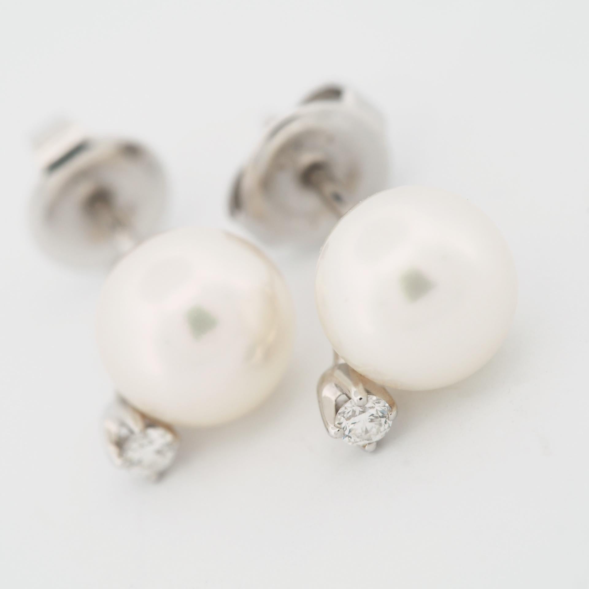 Round Cut Mikimoto 7.25mm Akoya Pearl & Diamond Post Earrings 18k White Gold