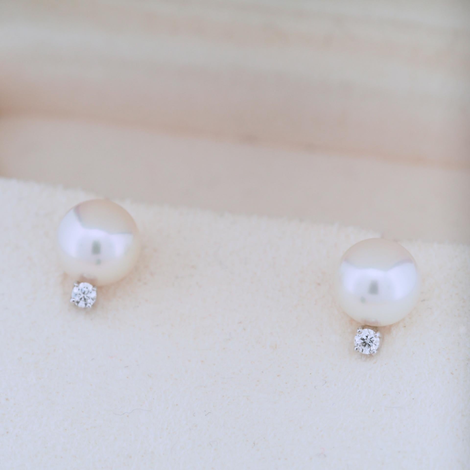Mikimoto 7.25mm Akoya Pearl & Diamond Post Earrings 18k White Gold 1