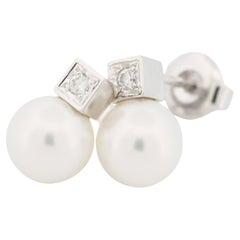 Mikimoto 7.25mm Akoya Pearl & Diamond Post Earrings 18k White Gold