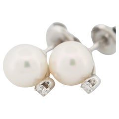 Mikimoto 7.25mm Akoya Pearl & Diamond Post Earrings 18k White Gold