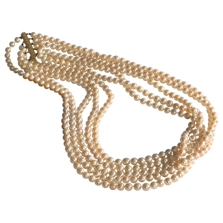 MIKIMOTO 7mm. White Pearls Five Strands Neckless, circa 1950 For Sale