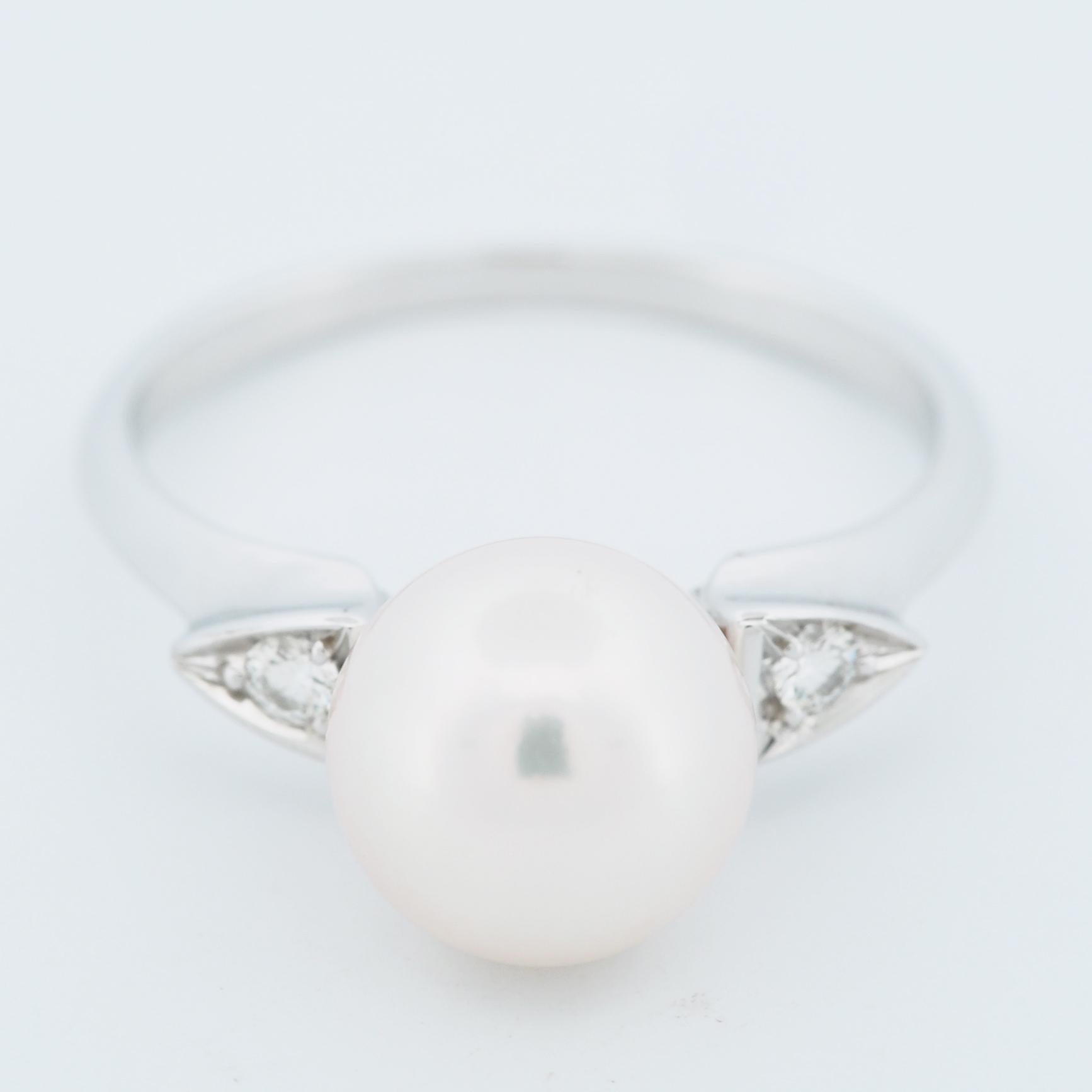 Round Cut Mikimoto 8.4 mm Akoya Pearl & Diamond Ring Pt950