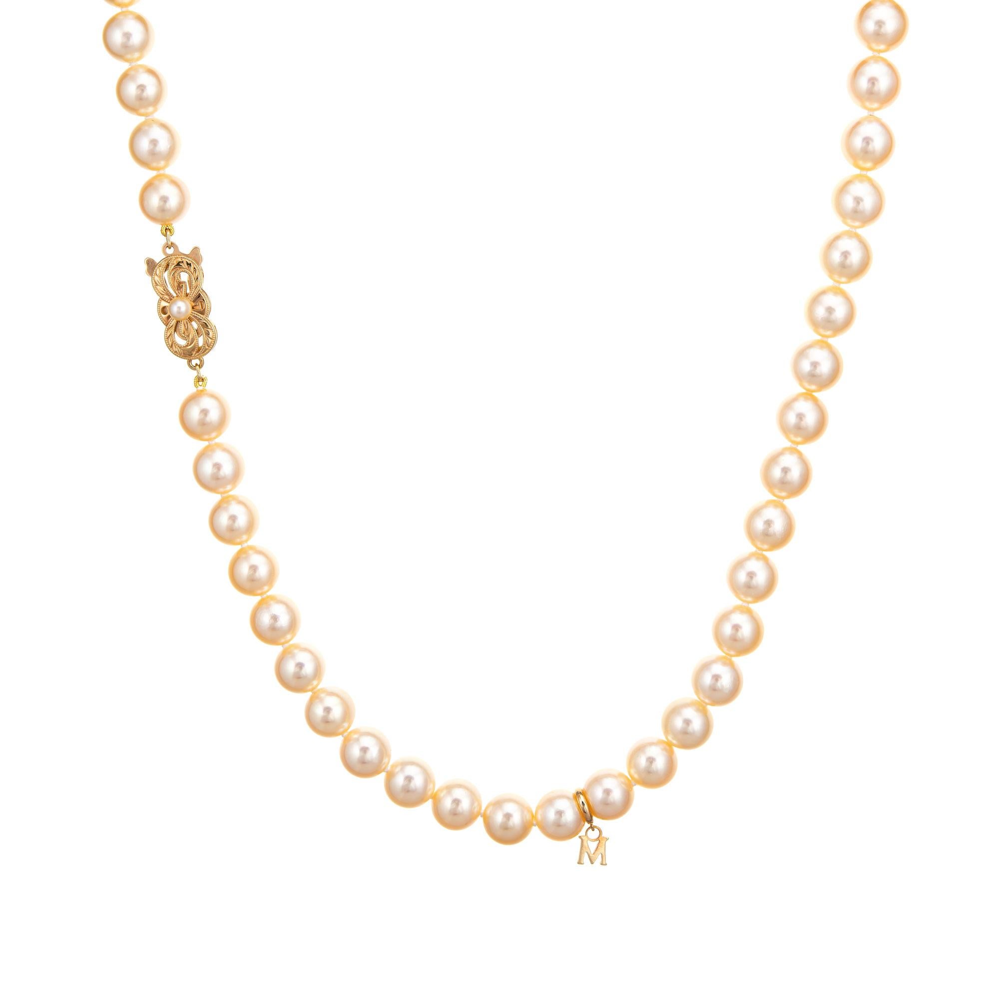 Elegant Mikimoto cultured Akoya pearl necklace finished with a 18k yellow gold clasp (circa 2003). 

8mm cultured Akoya pearls are individually knotted. The pearls are lustrous and show a glossy golden champagne hue. 

The necklace was created in