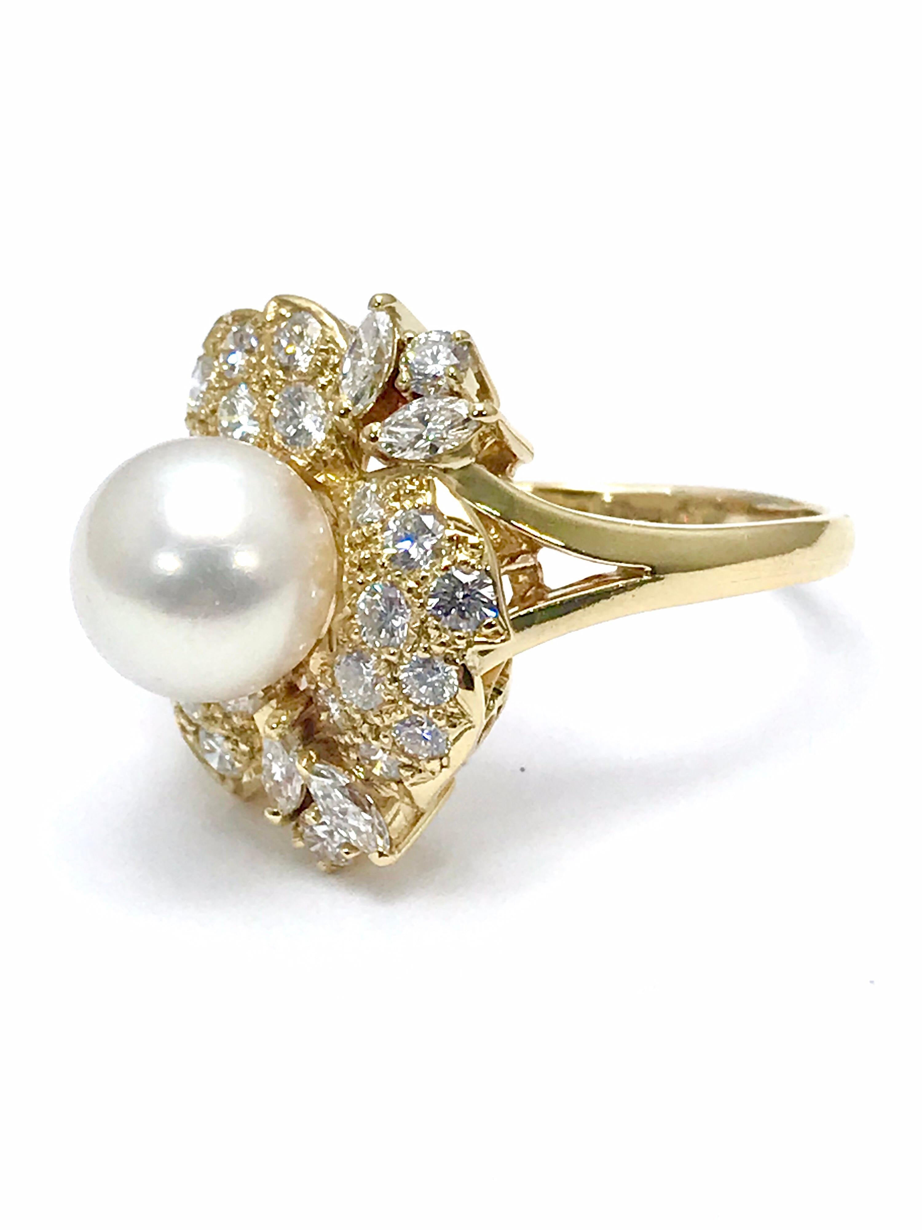 Round Cut Mikimoto Cultured Pearl and Diamond Yellow Gold Fashion Ring
