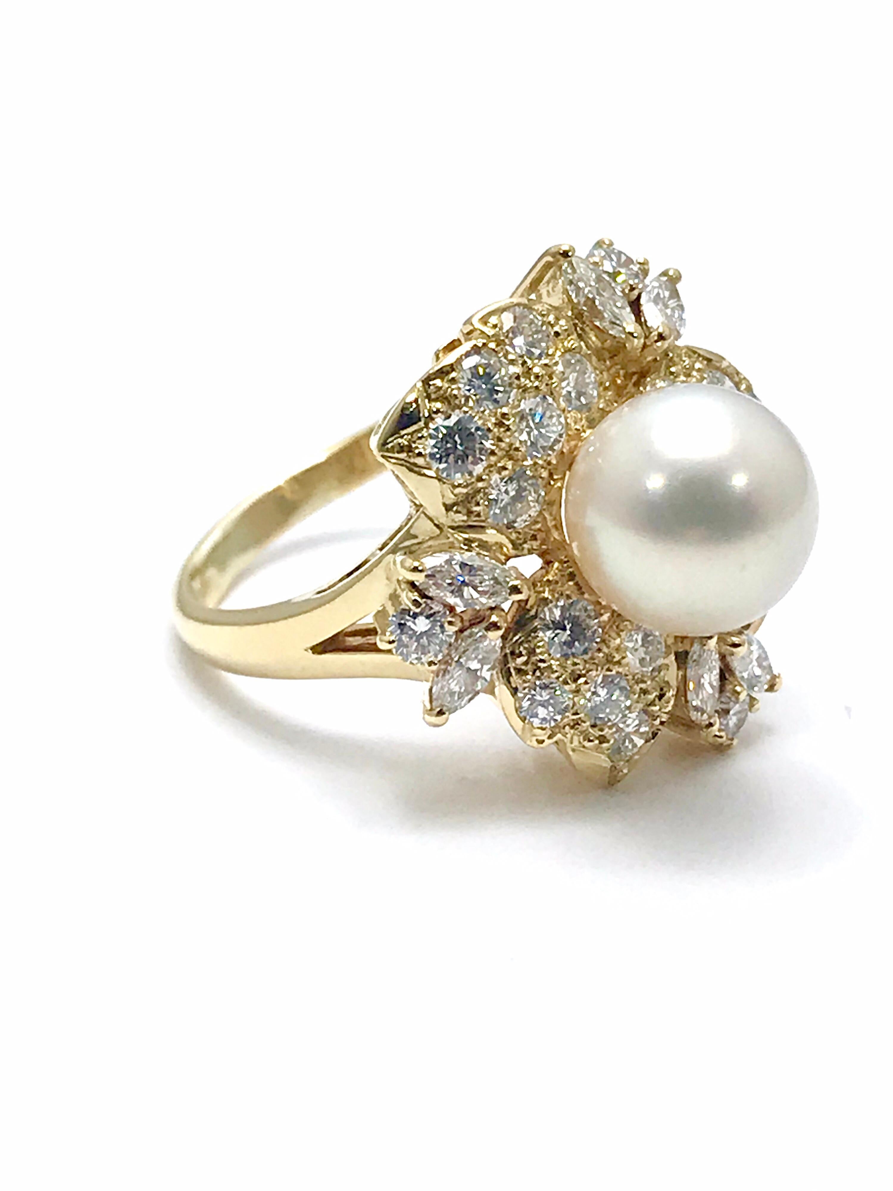 Mikimoto Cultured Pearl and Diamond Yellow Gold Fashion Ring In Excellent Condition In Chevy Chase, MD