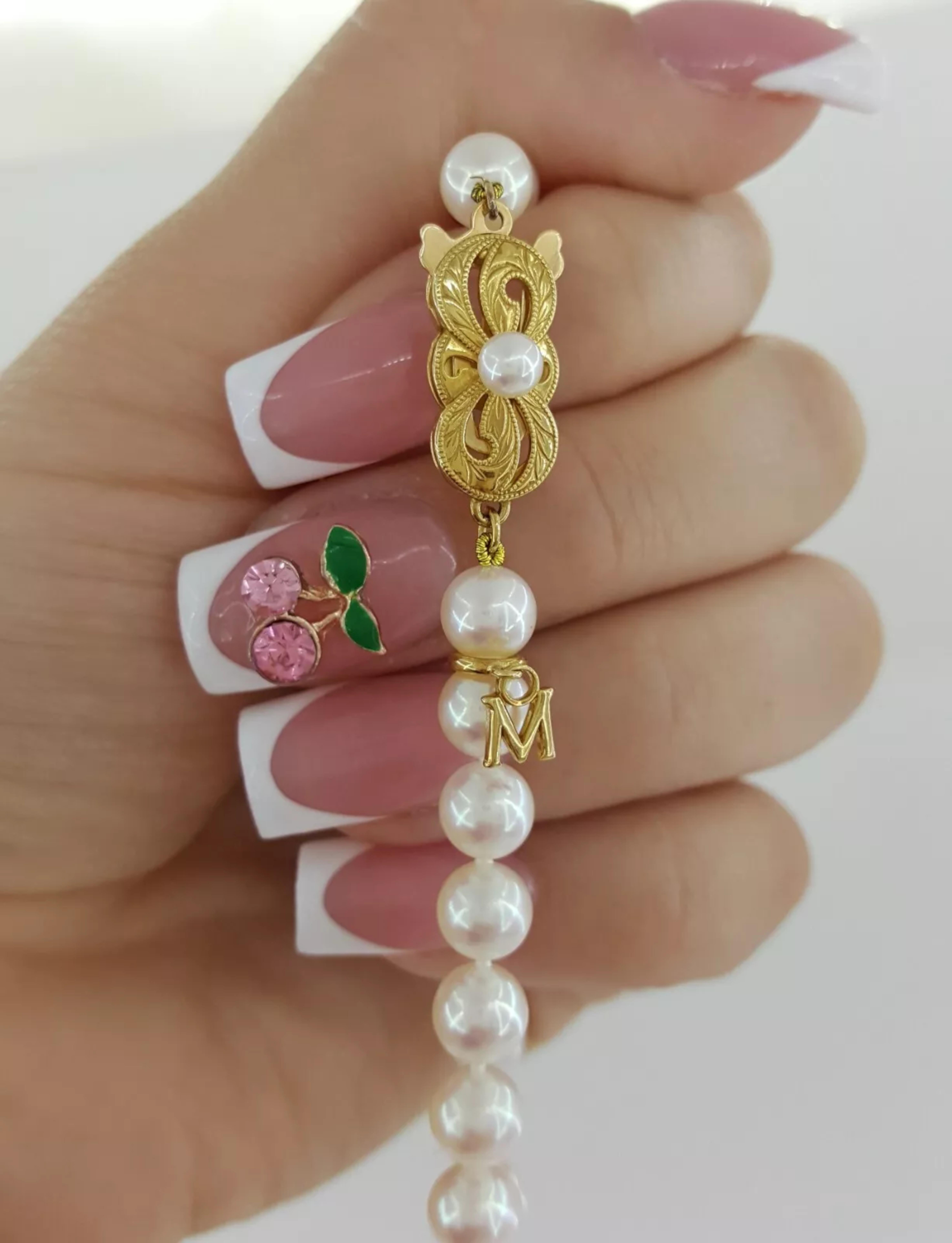 Bead Mikimoto A+ 6.5mm Akoya Pearl Strand Necklace in 18K Yellow Gold For Sale