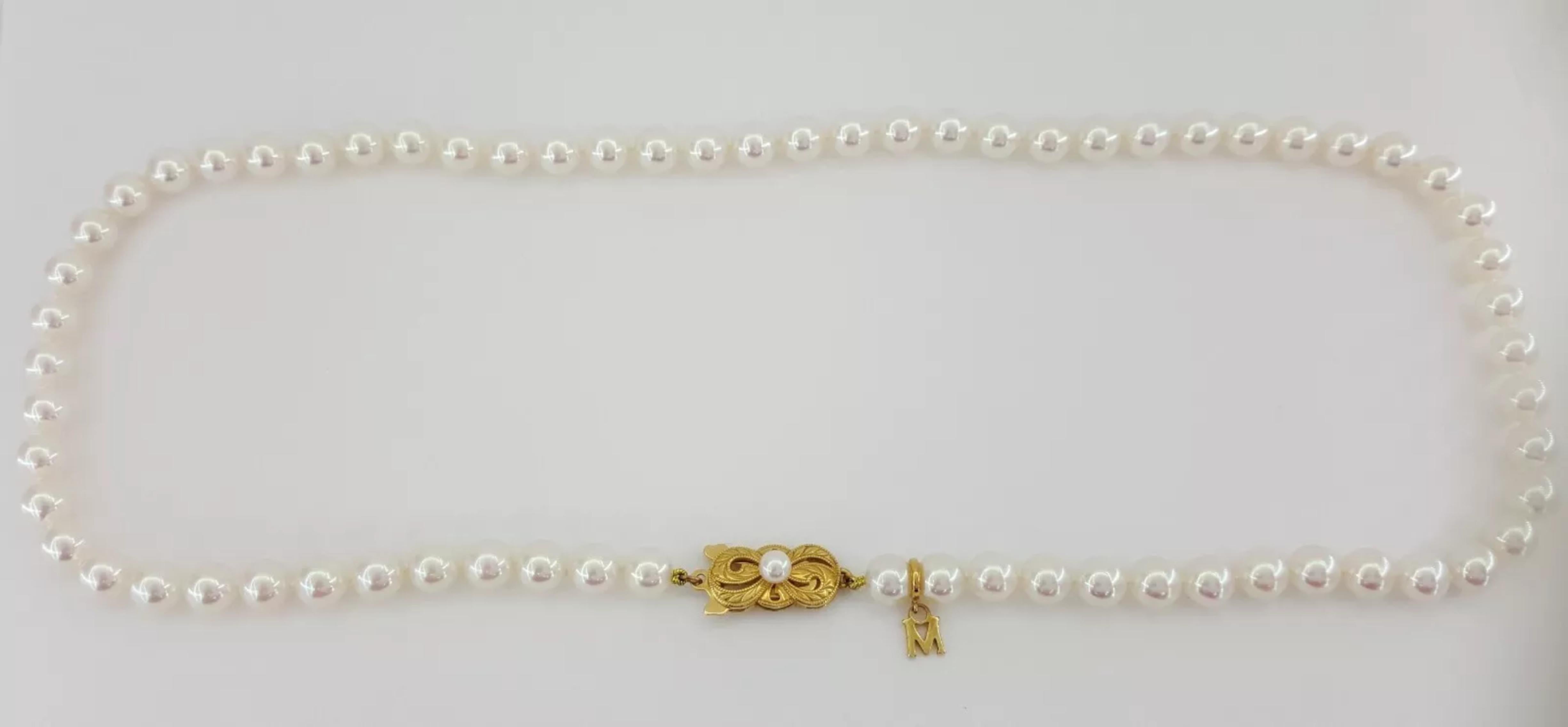 Mikimoto A+ 6.5mm Akoya Pearl Strand Necklace in 18K Yellow Gold In Excellent Condition For Sale In Chicago, IL