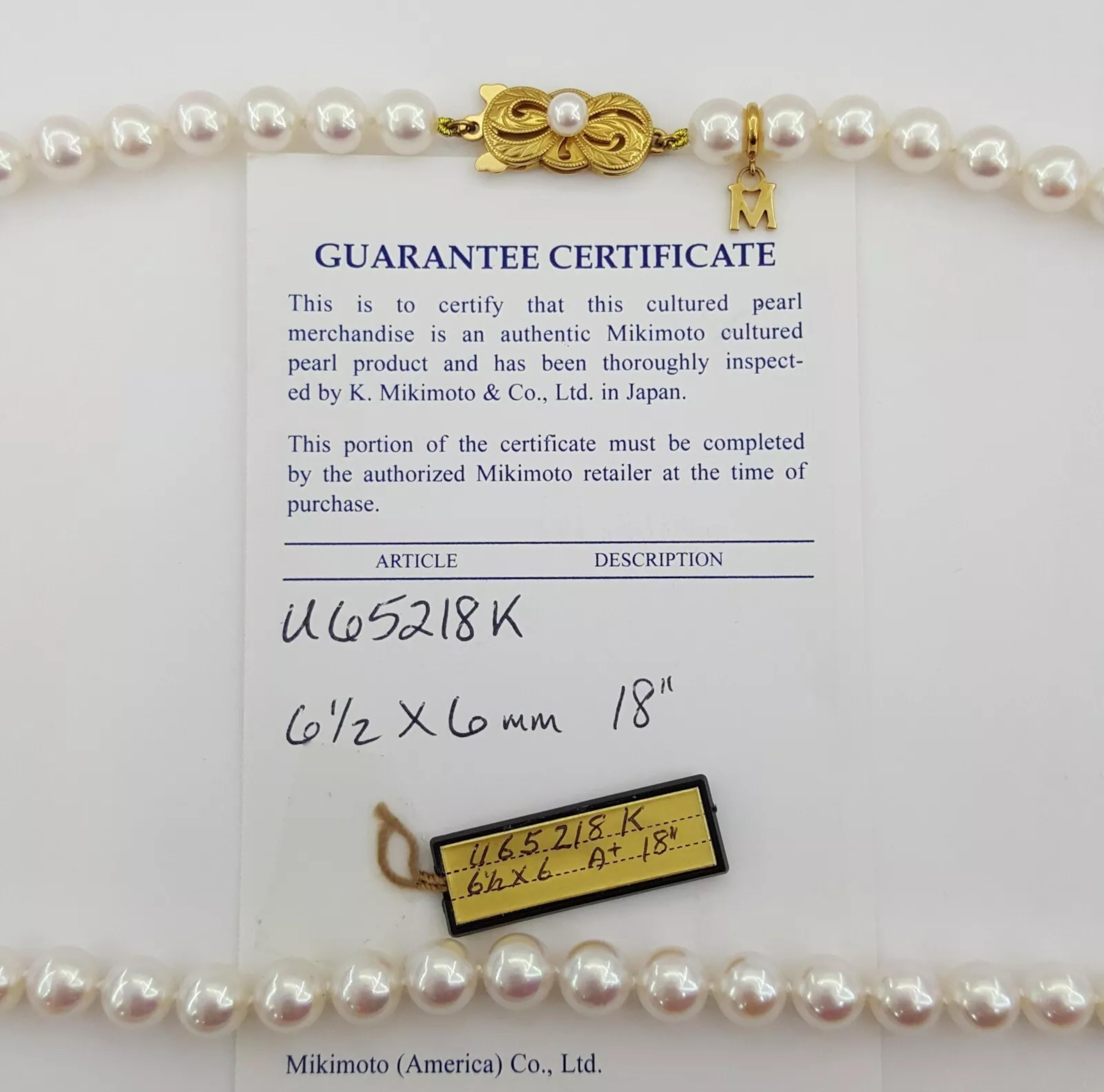 Women's or Men's Mikimoto A+ 6.5mm Akoya Pearl Strand Necklace in 18K Yellow Gold For Sale