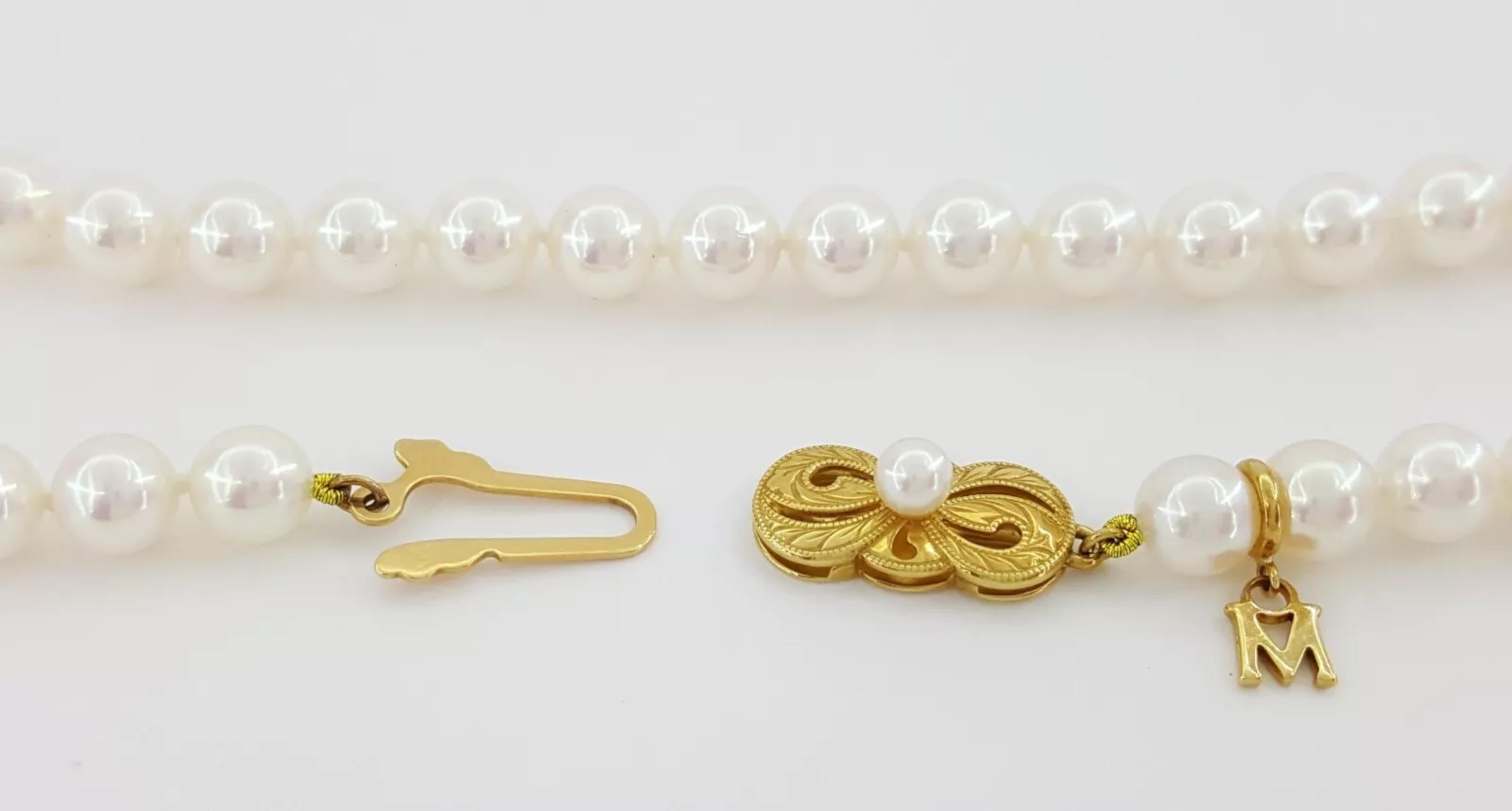 Mikimoto A+ 6.5mm Akoya Pearl Strand Necklace in 18K Yellow Gold For Sale 1