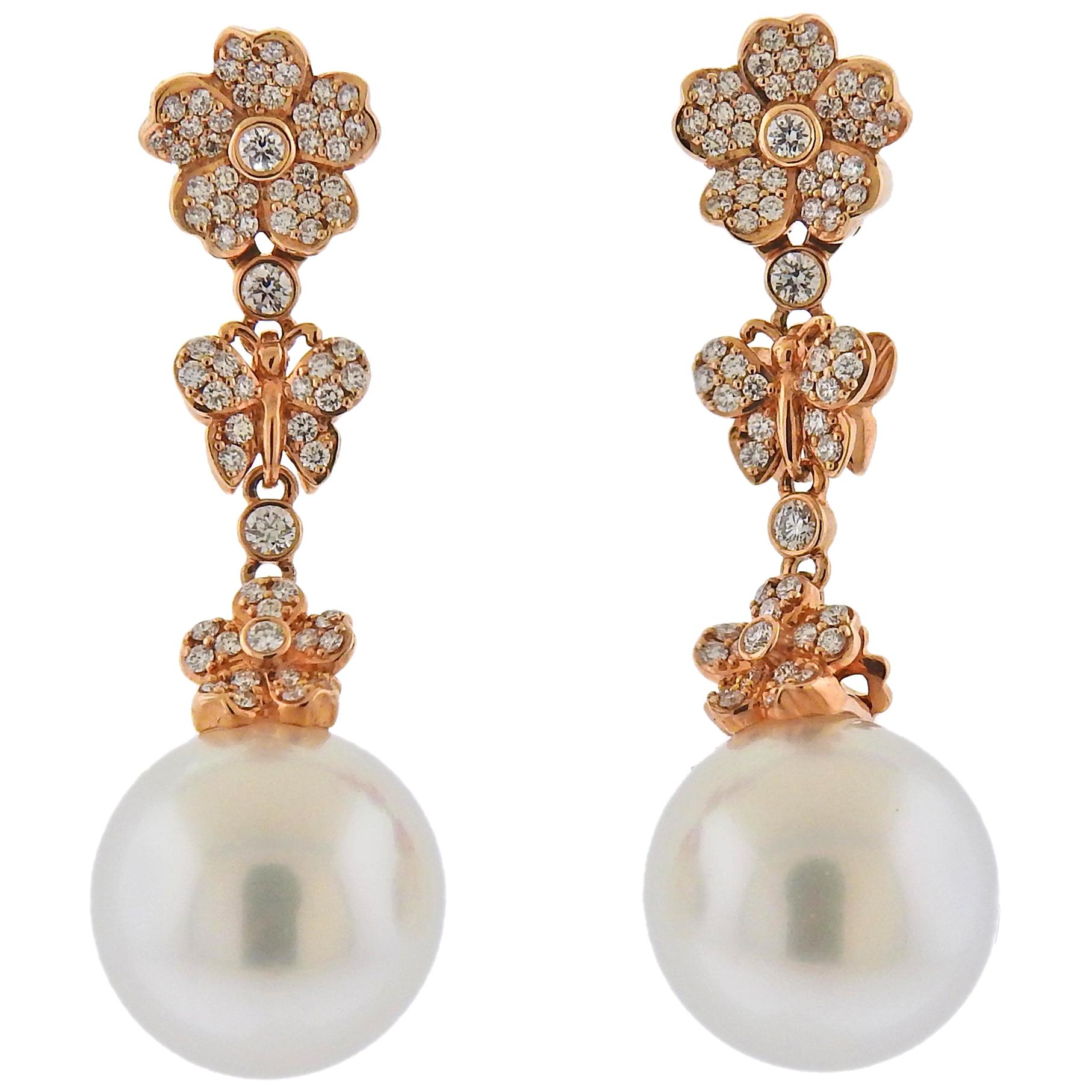 Mikimoto A+ South Sea Pearl Diamond Gold Flower Earrings For Sale