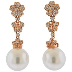 Mikimoto A+ South Sea Pearl Diamond Gold Flower Earrings