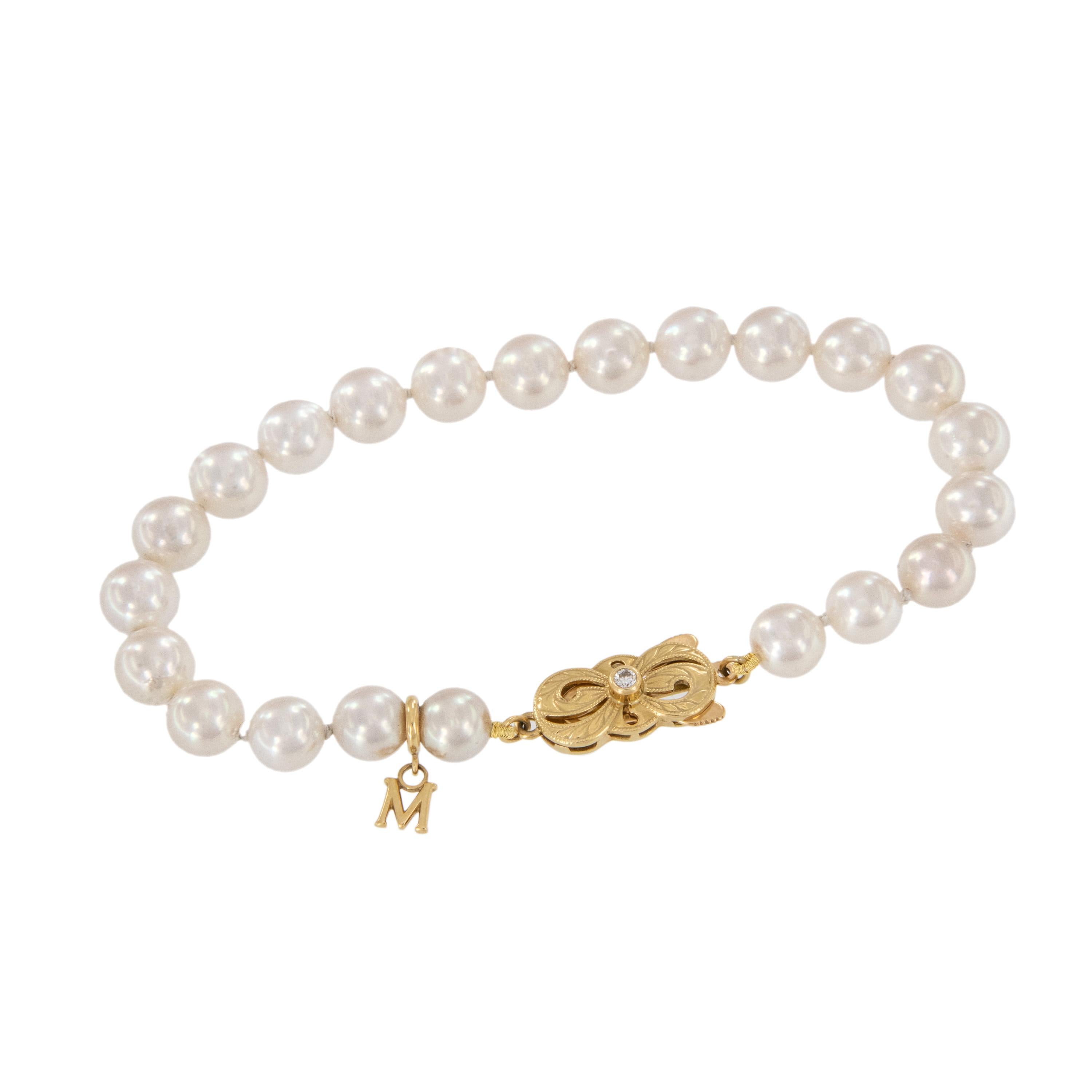 Gently loved Mikimoto AAA, Akoya cultured pearl bracelet with original box and recently restrung! Perfect for graduations, weddings, birthdays and any other special occasion! Pearls are timeless and classic. In 1893, Kokichi Mikimoto successfully