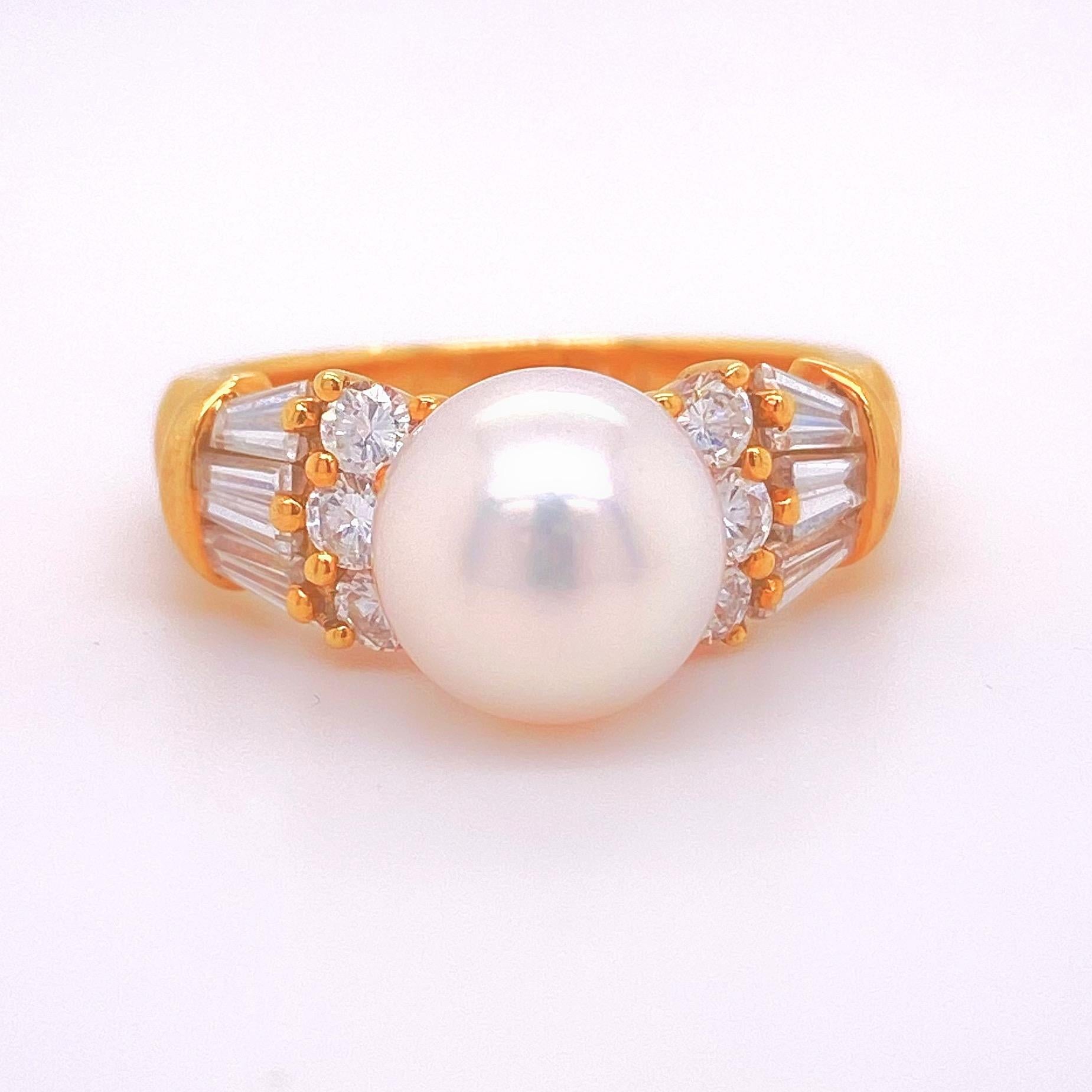 Mikimoto Akoya Pearl and Diamond Ring 18 Karat Yellow Gold For Sale 2