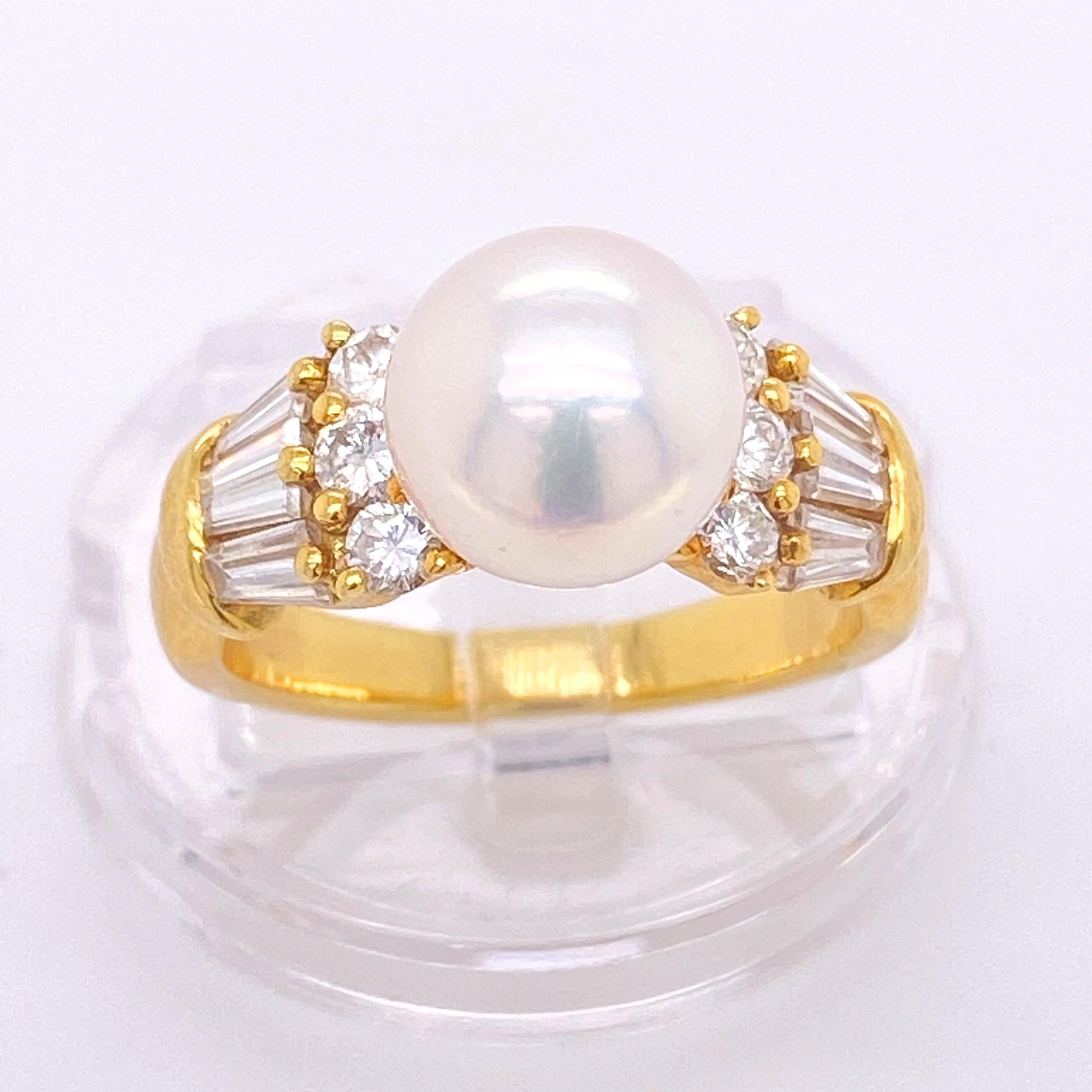 Mikimoto Akoya Pearl and Diamond Ring 18 Karat Yellow Gold For Sale 4