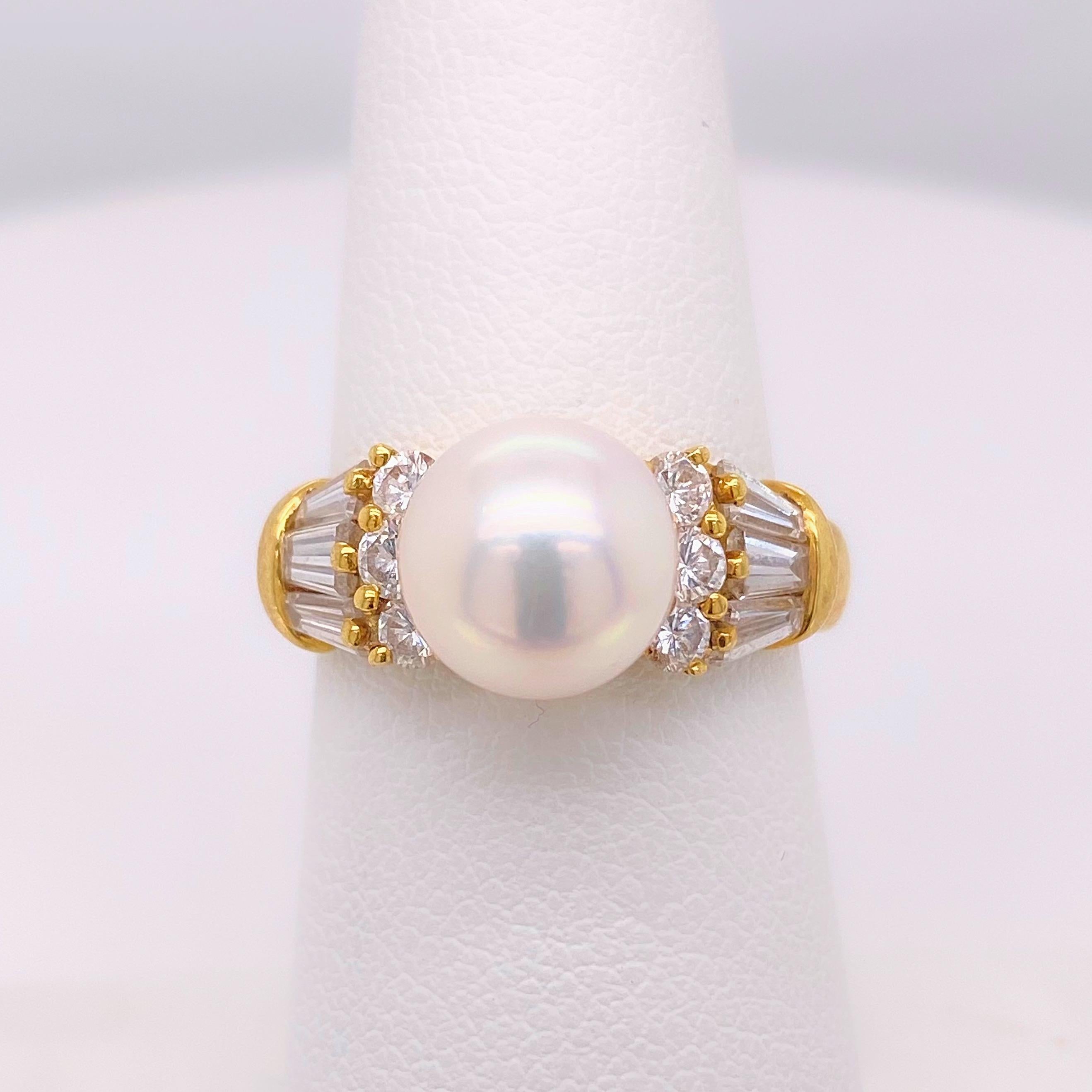 Mikimoto Akoya Pearl & Diamond Ring
Style:  8.5 mm Pearl & Diamond Cocktail Ring
Metal:  18K Yellow Gold
Size / Measurements:  Ring Size 6
TCW:  0.75 Carats Total Approximate
Center Stone:  8.5 mm Akoya Cultured Pearl
Accent Diamonds:  6 Round