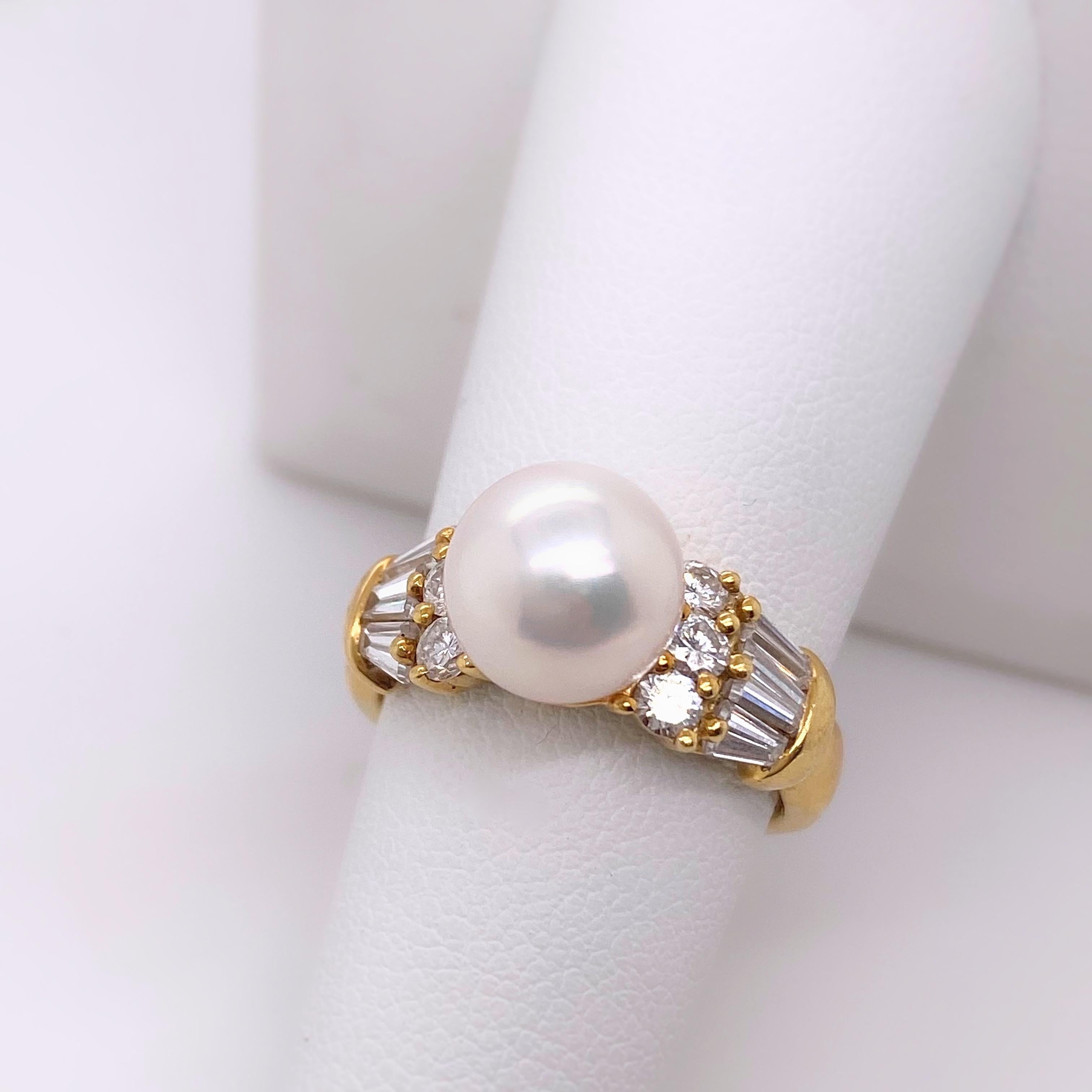 Mikimoto, bague Akoya en or jaune 18 carats avec perles et diamants Excellent état - En vente à San Diego, CA