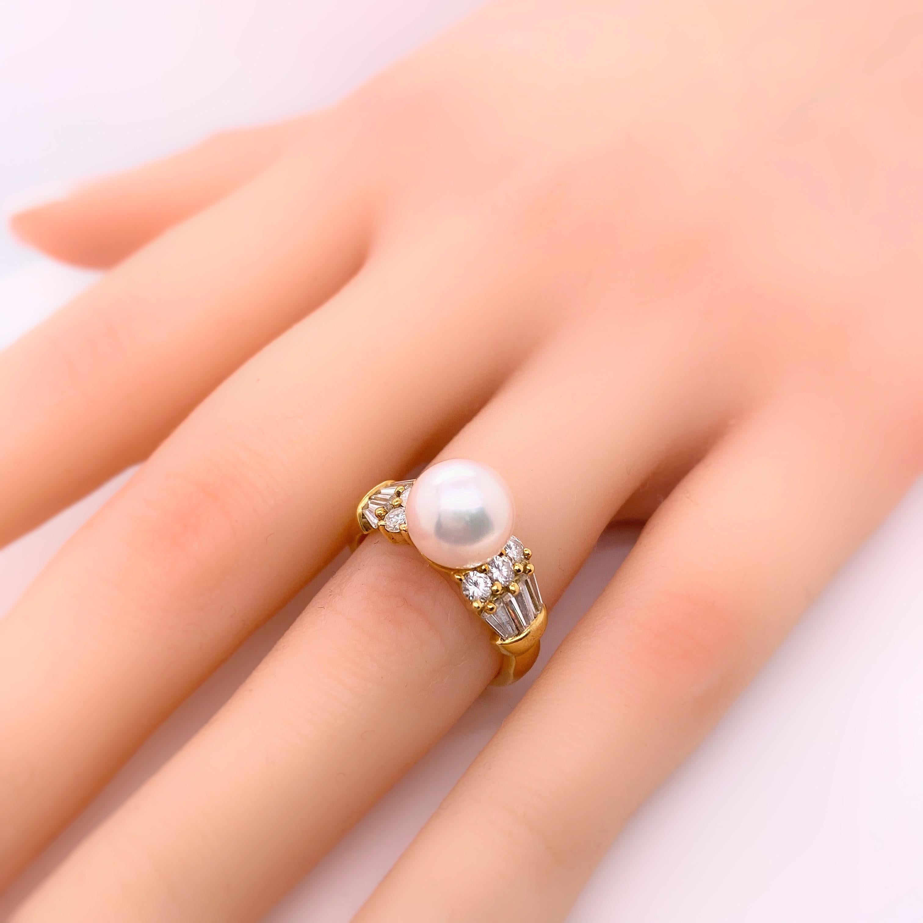 Round Cut Mikimoto Akoya Pearl and Diamond Ring 18 Karat Yellow Gold For Sale