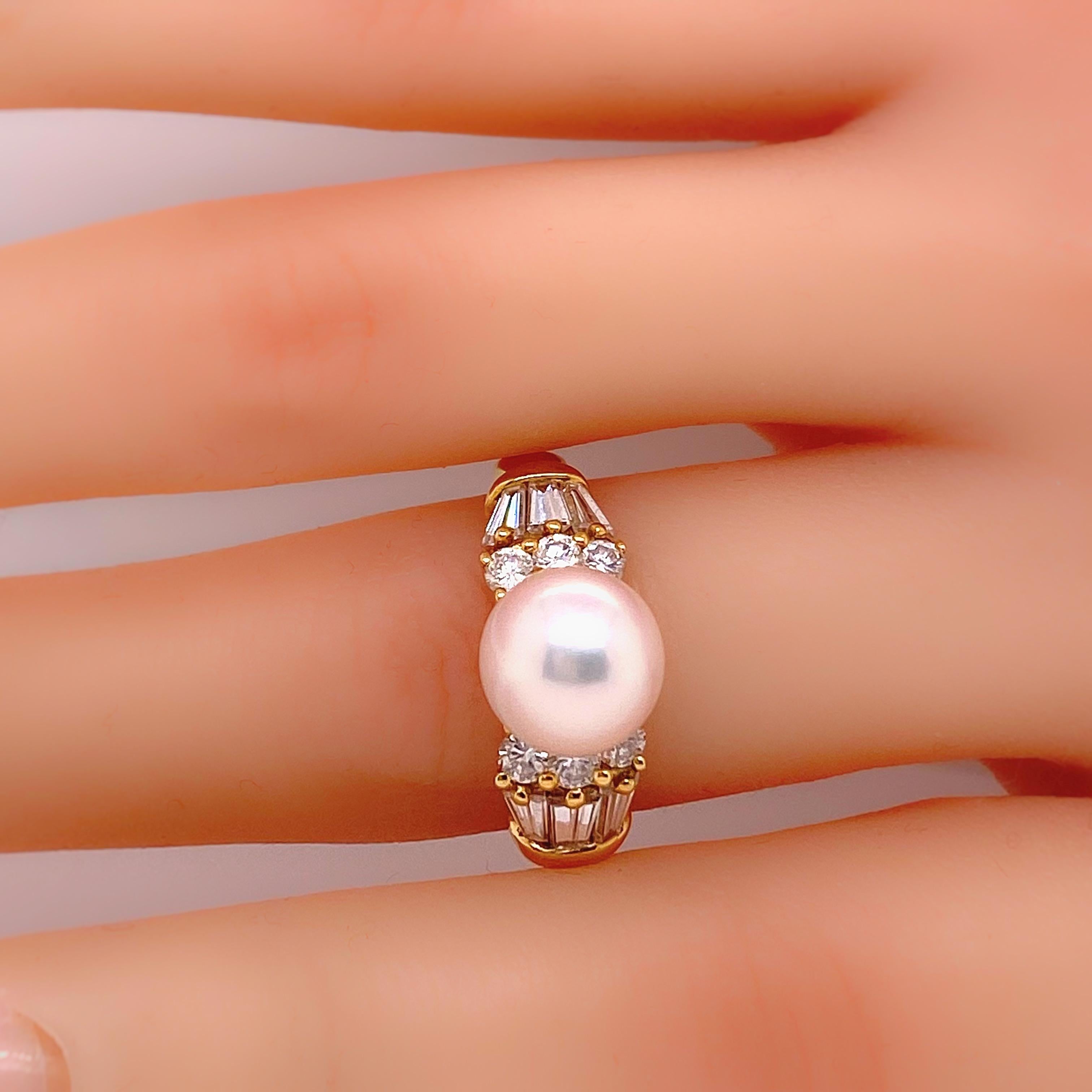 Mikimoto Akoya Pearl and Diamond Ring 18 Karat Yellow Gold In Excellent Condition For Sale In San Diego, CA