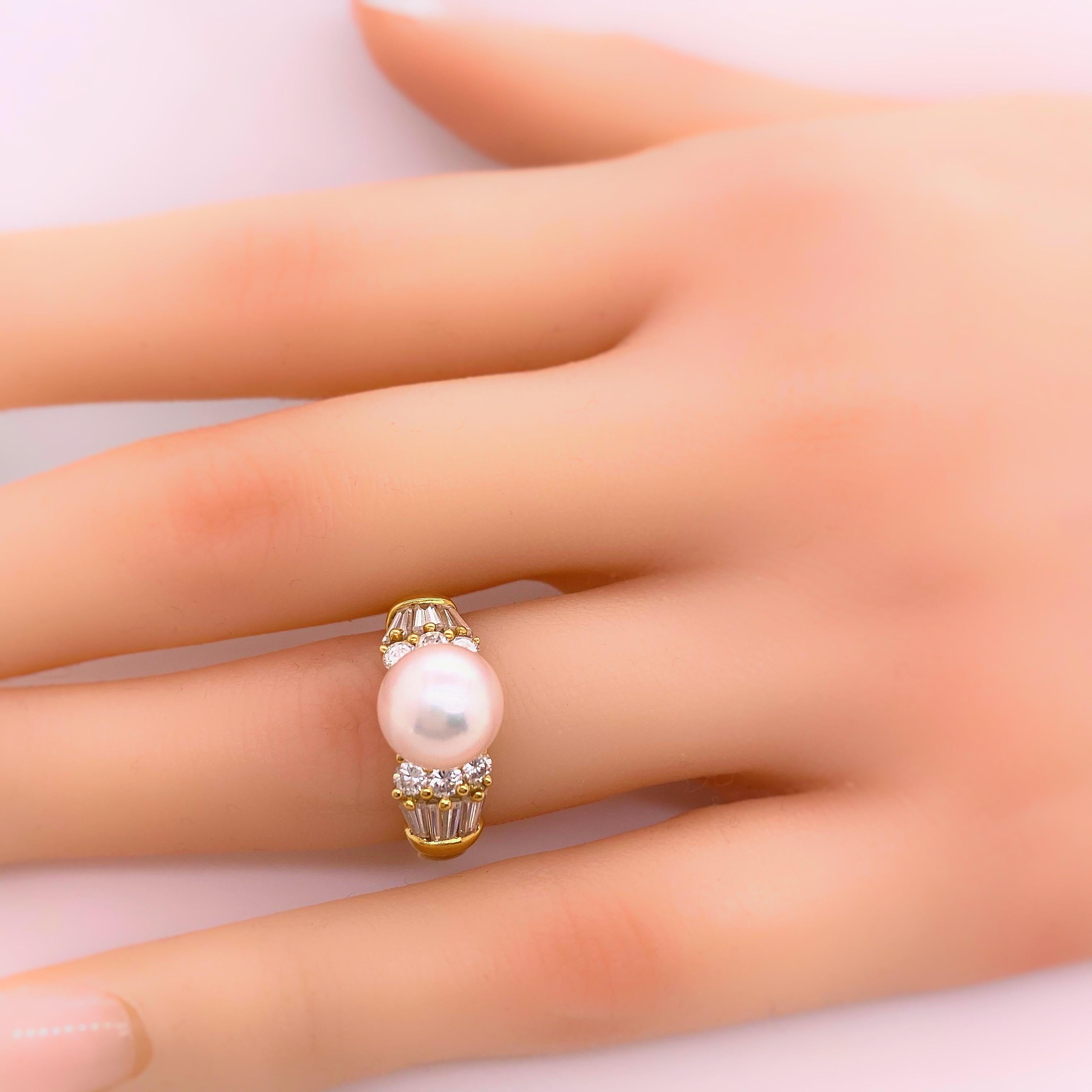 Women's Mikimoto Akoya Pearl and Diamond Ring 18 Karat Yellow Gold For Sale