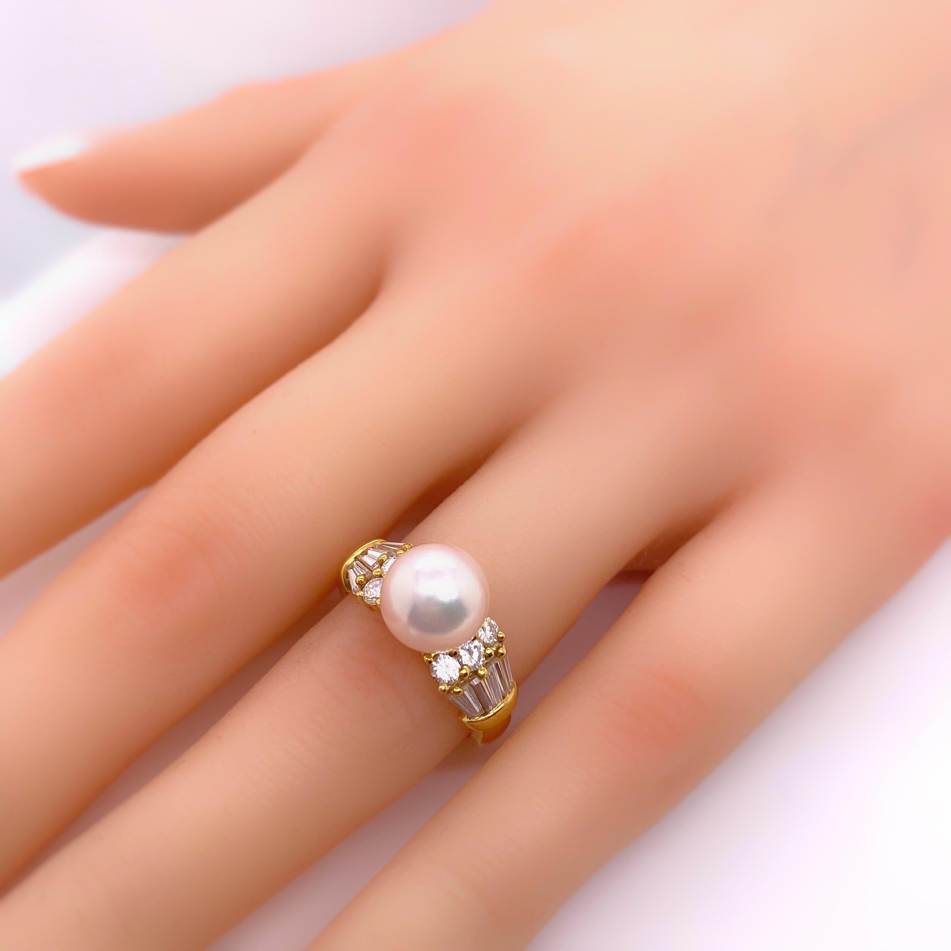 Mikimoto Akoya Pearl and Diamond Ring 18 Karat Yellow Gold For Sale 1