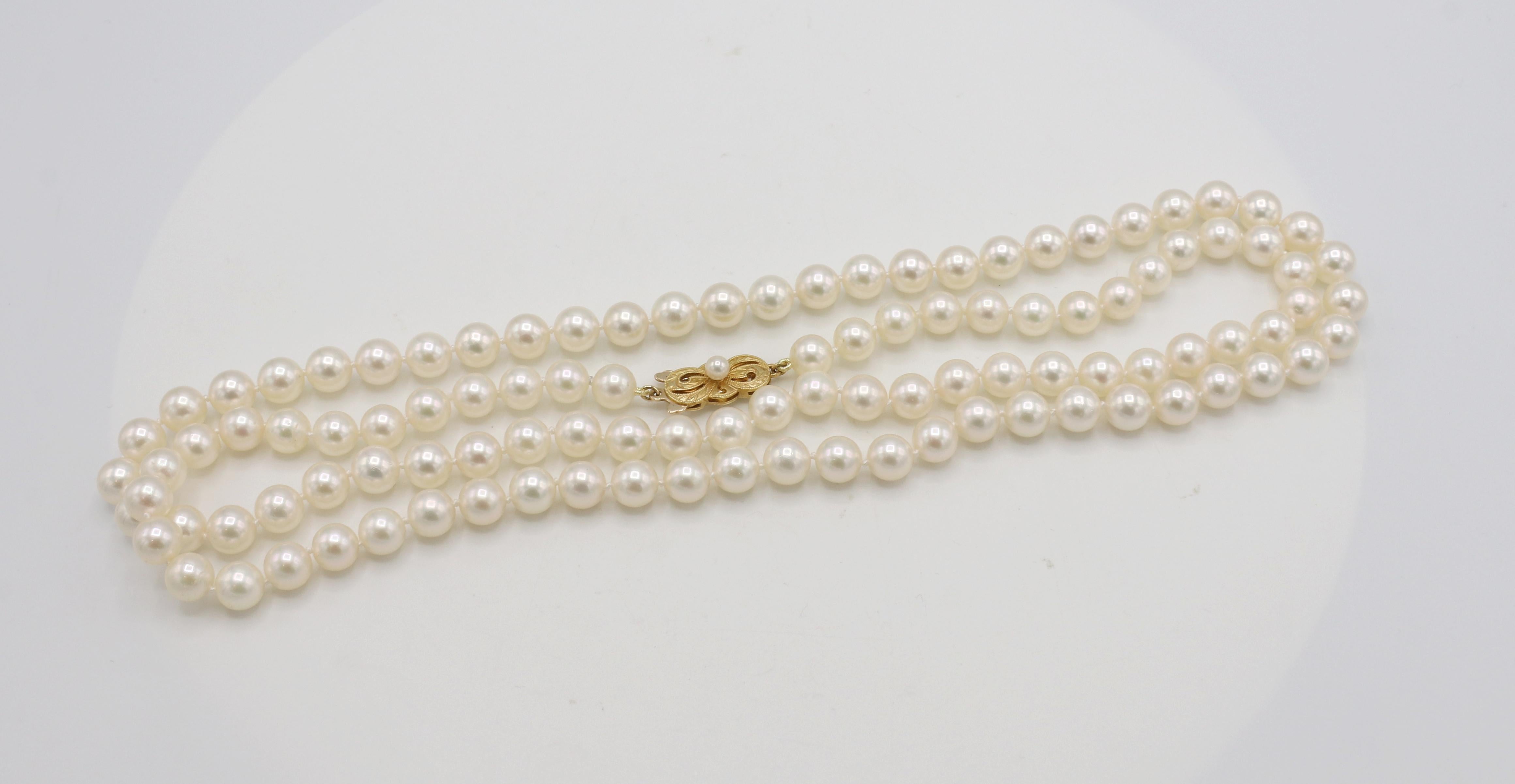 Mikimoto Akoya Cultured 7MM Pearl 18 Karat Yellow Gold Pearl Necklace 32