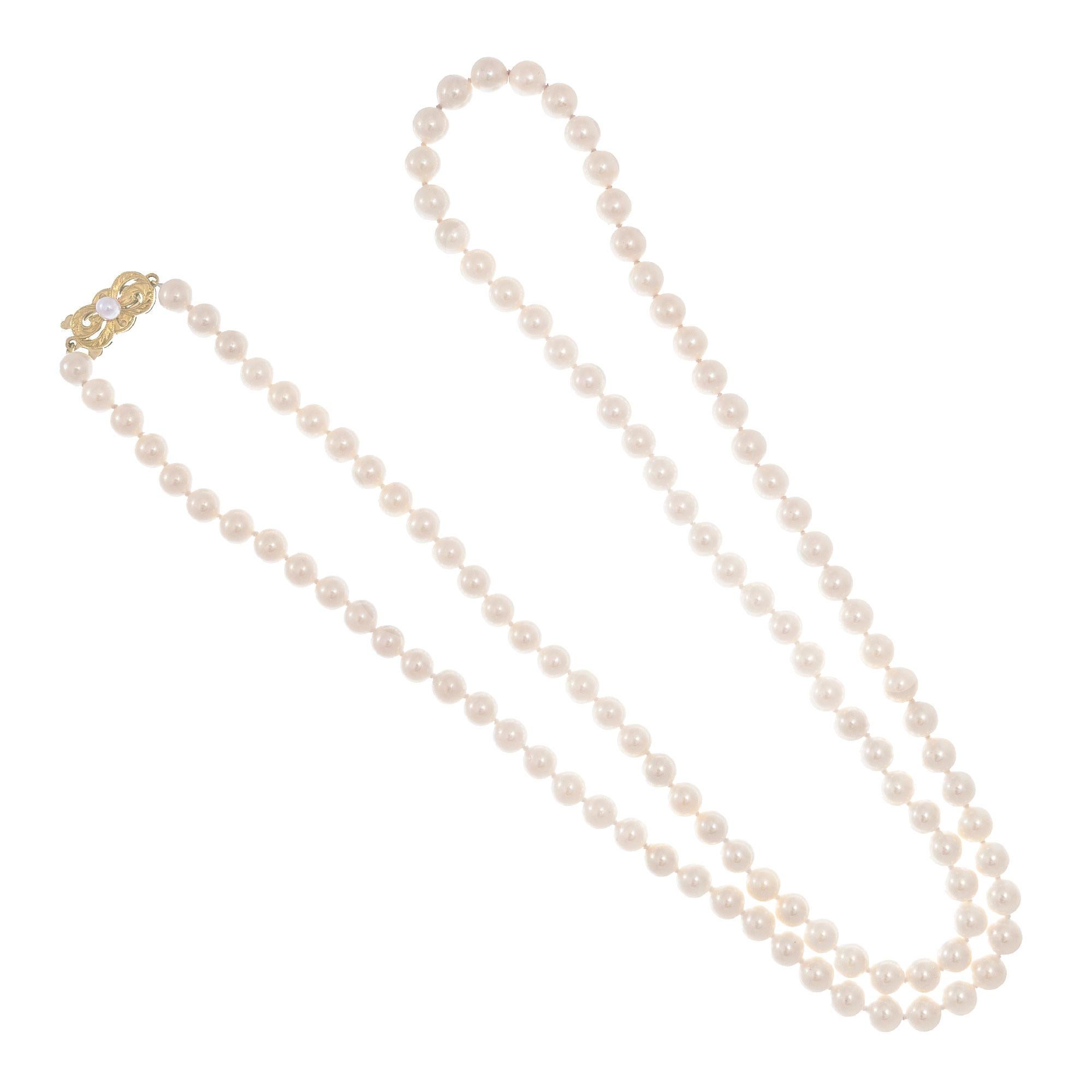 Mikimoto 6 to 6.5mm Akoya cultured pearl necklace. 30 inches with an 18k  yellow gold clasp. 

114 Cultured pearls, 6-6.5mm 
1 Cultured pearl 3.25
Length: 30 inches
Tested 18k gold
Stamped: 750
Hallmark: M 
Weight: 41.5