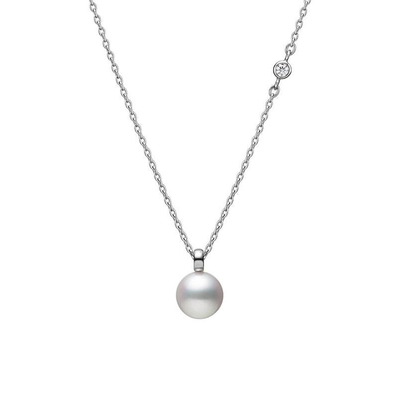 Women's or Men's Mikimoto Akoya Cultured Pearl and Diamond Pendant in 18k White Gold MPQ10159ADXW For Sale