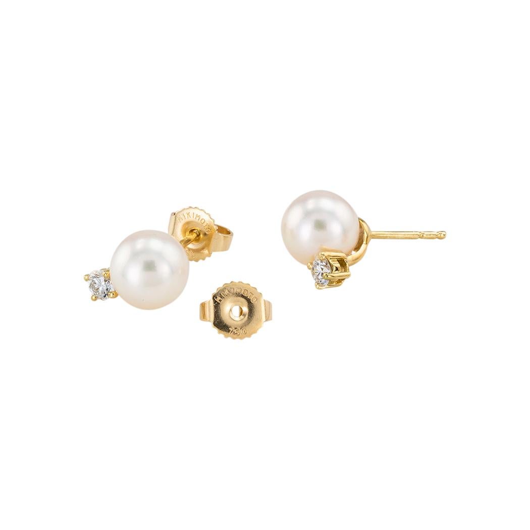 Round Cut Mikimoto Akoya Cultured Pearl Diamond Yellow Gold Stud Earrings