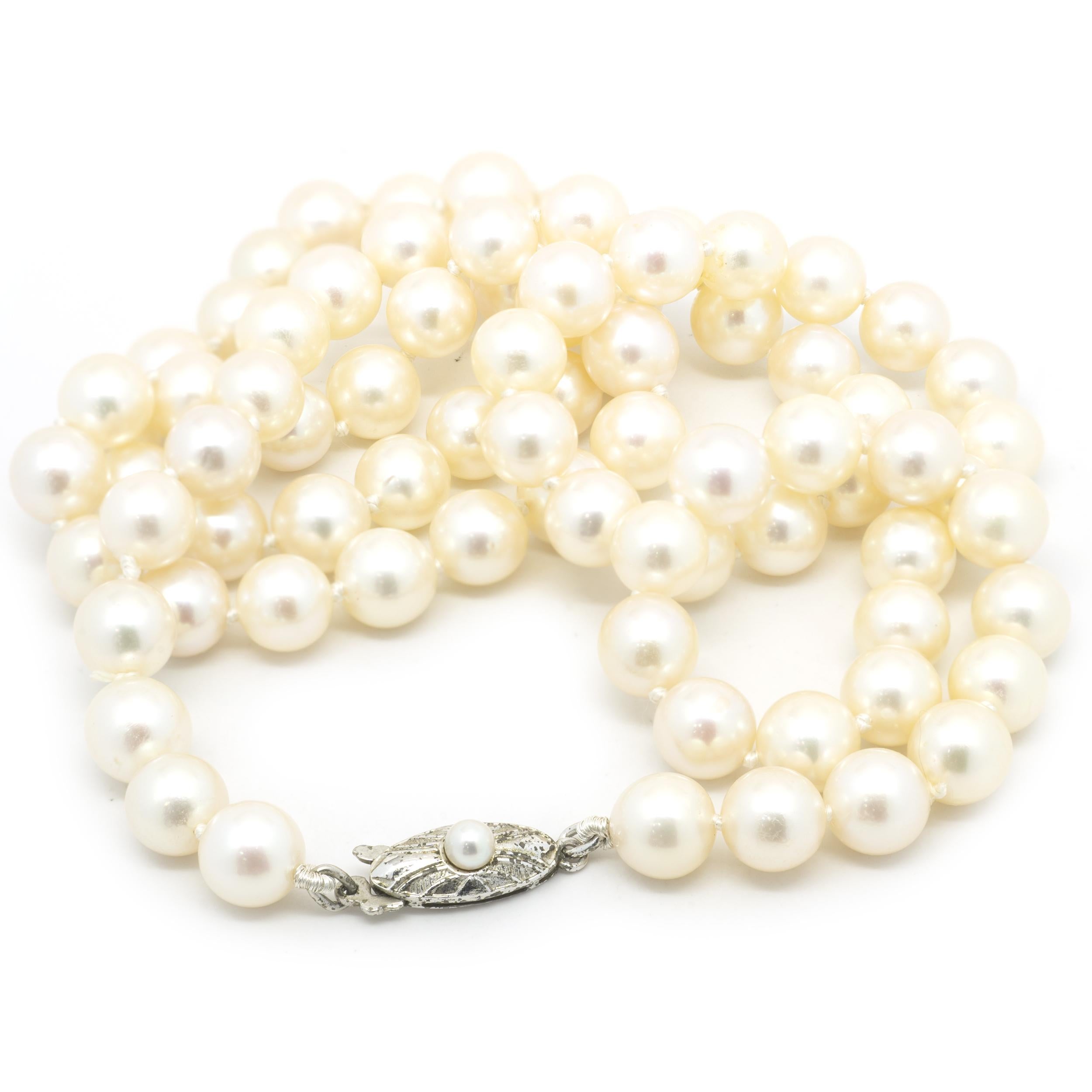 Designer: Custom
Material: sterling silver
Pearl: 6.5-6.8mm Akoya Cultured
Dimensions: necklace measures 24-inches in length
Weight: 35.26 grams
