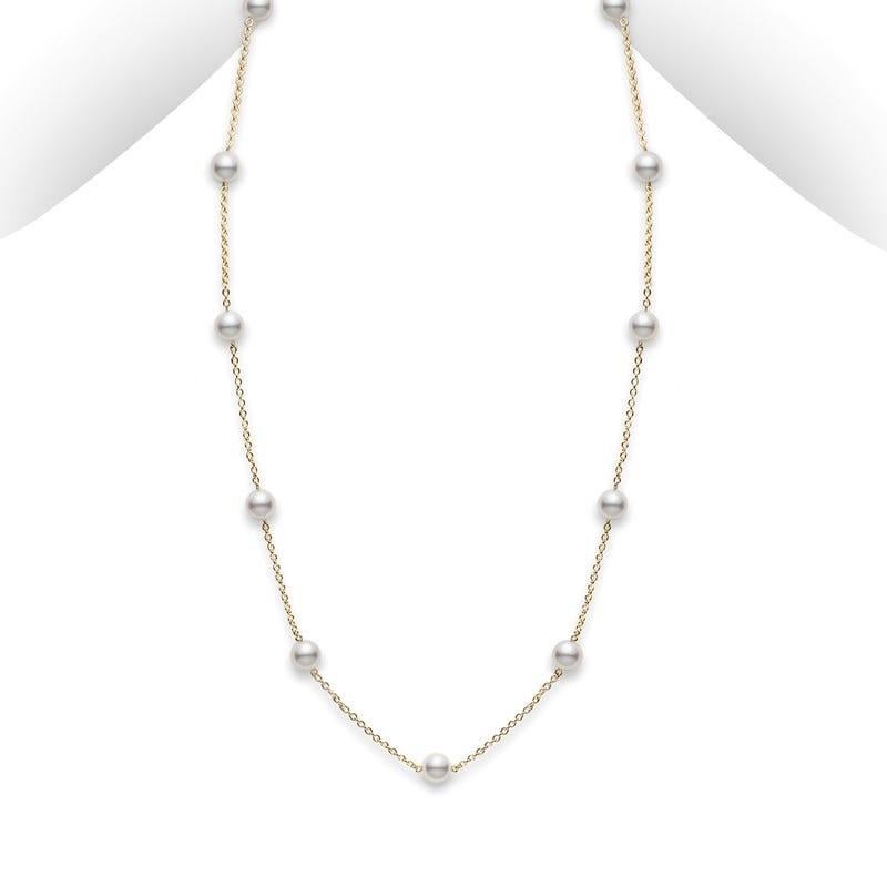 Women's or Men's Mikimoto Akoya Cultured Pearl Station Necklace in 18k Yellow Gold PCQ158LK For Sale